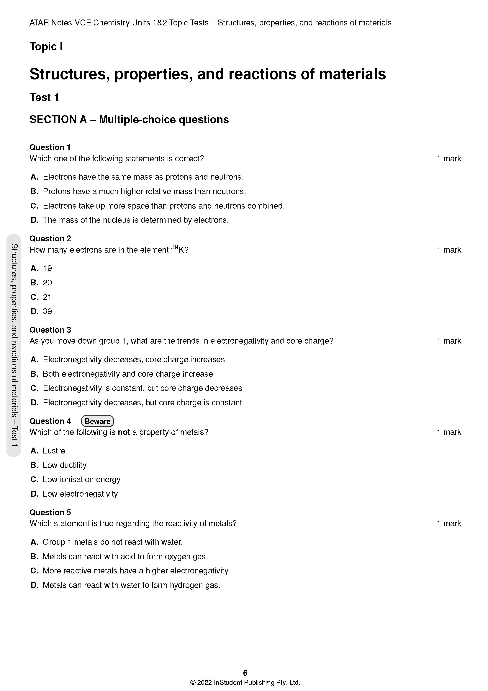 ATAR Notes VCE Chemistry 1&2 Topic Tests (2024-2026) - Image 3