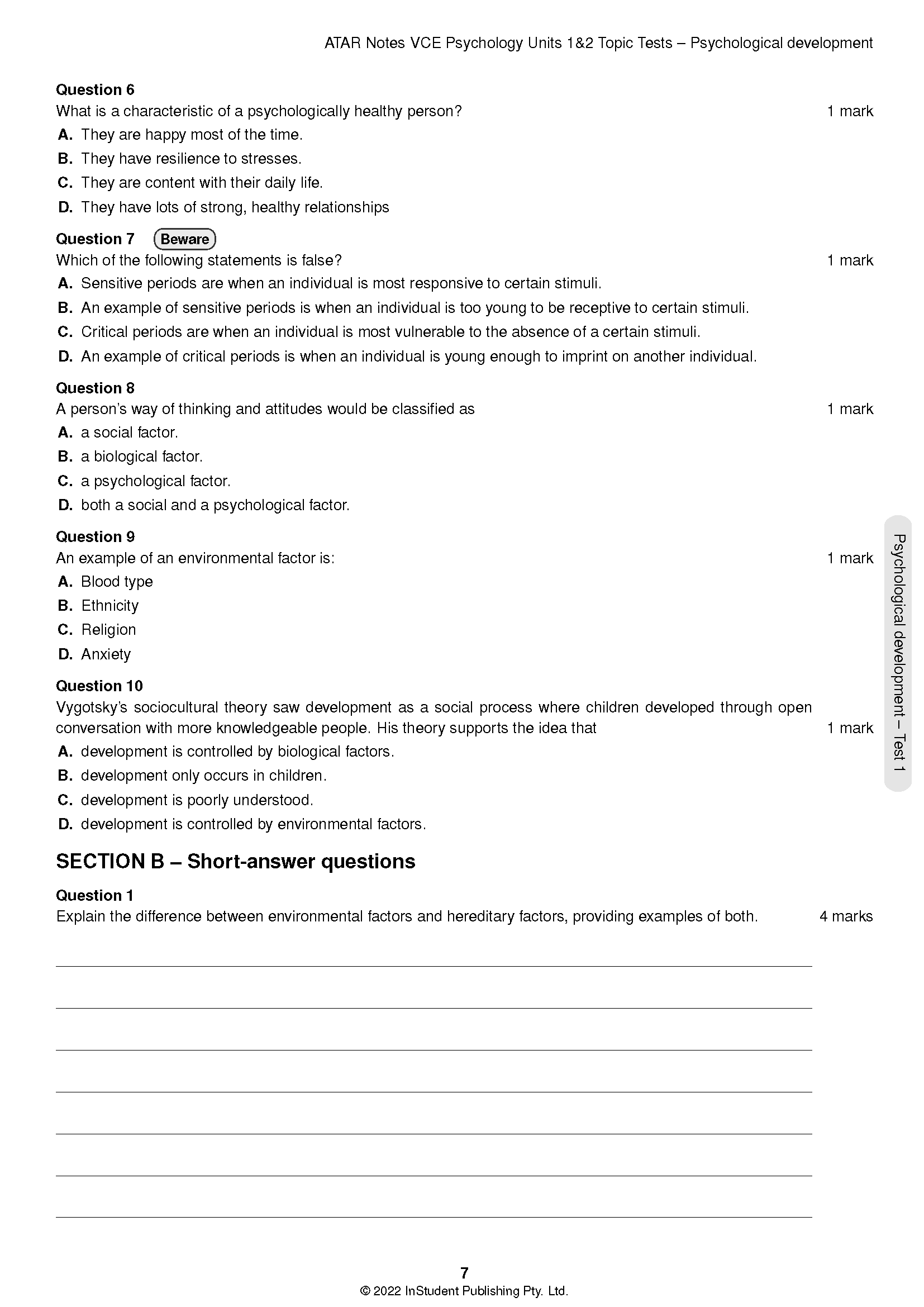 ATAR Notes VCE Psychology 1&2 Topic Tests (2024-2026) - Image 4