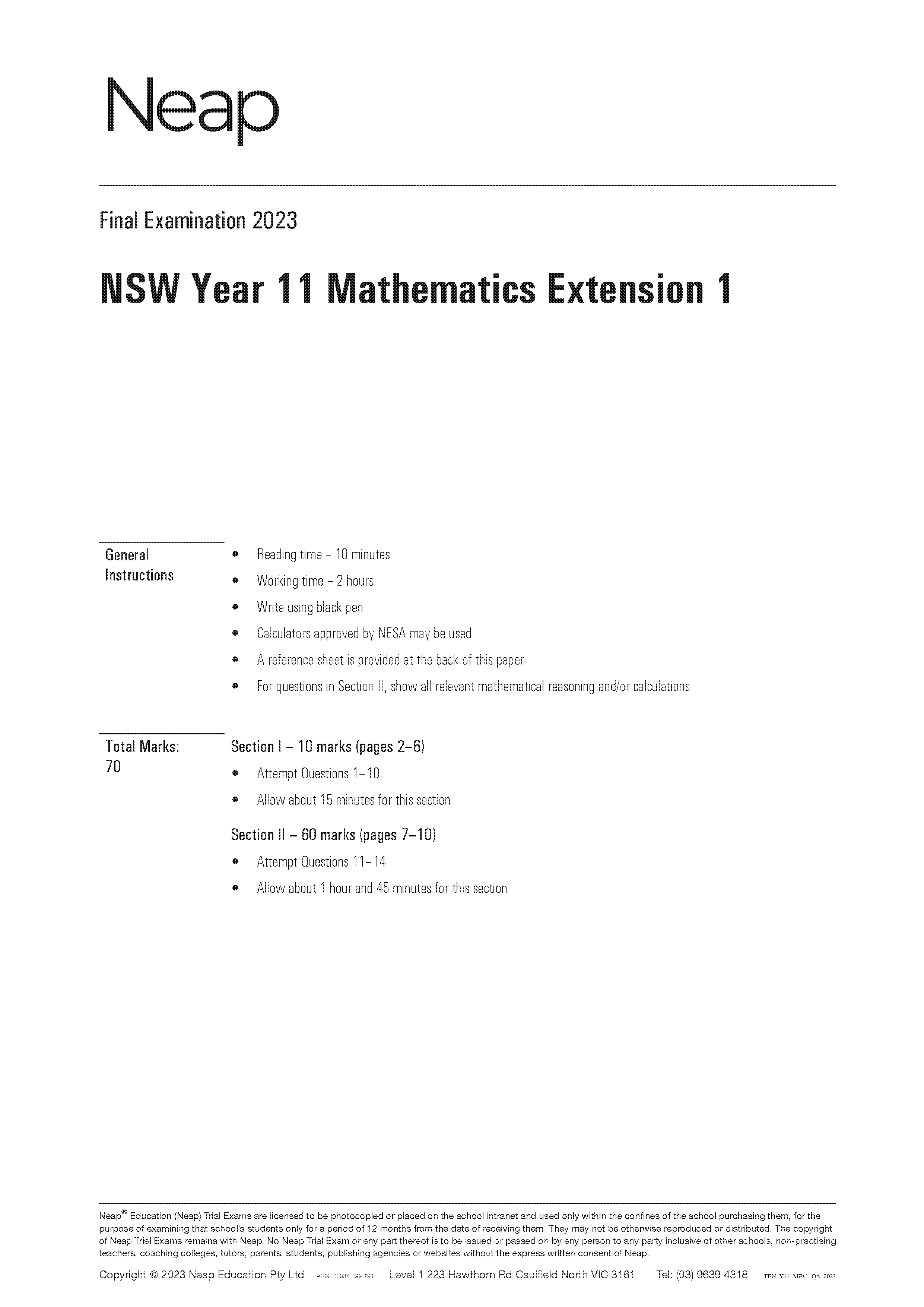 Neap Practice Exam: 2023 HSC Year 11 Maths Extension 1 (Digital)