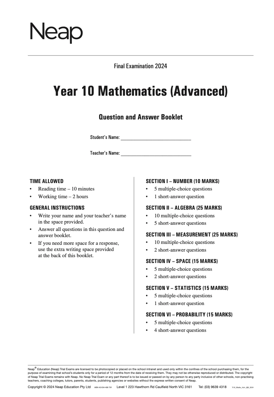 Neap Practice Exam: 2024 Year 10 Maths Advanced (Digital)