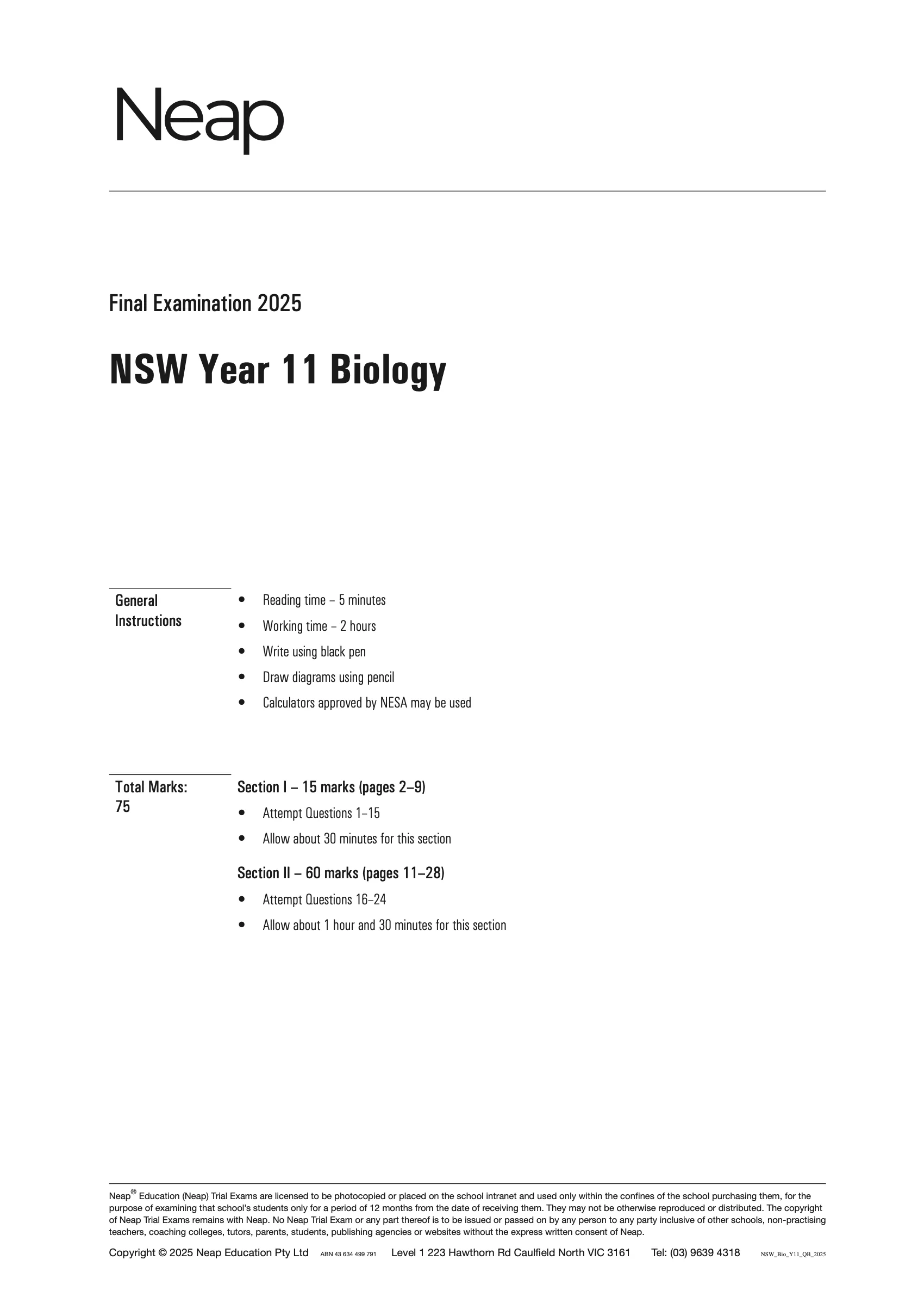 Neap Practice Exam: 2025 HSC Year 11 Biology (Digital)