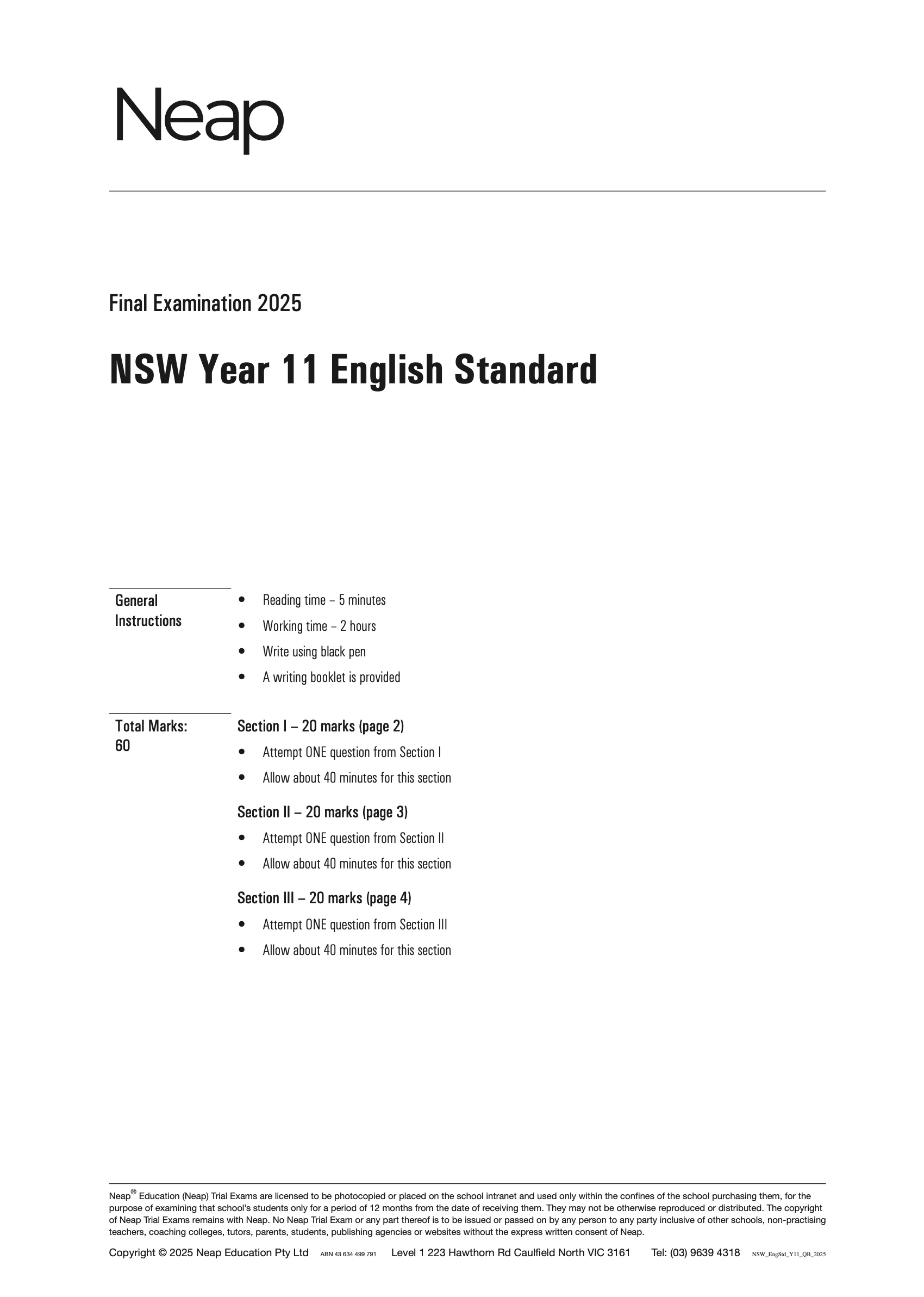 Neap Practice Exam: 2025 HSC Year 11 English Standard (Digital)