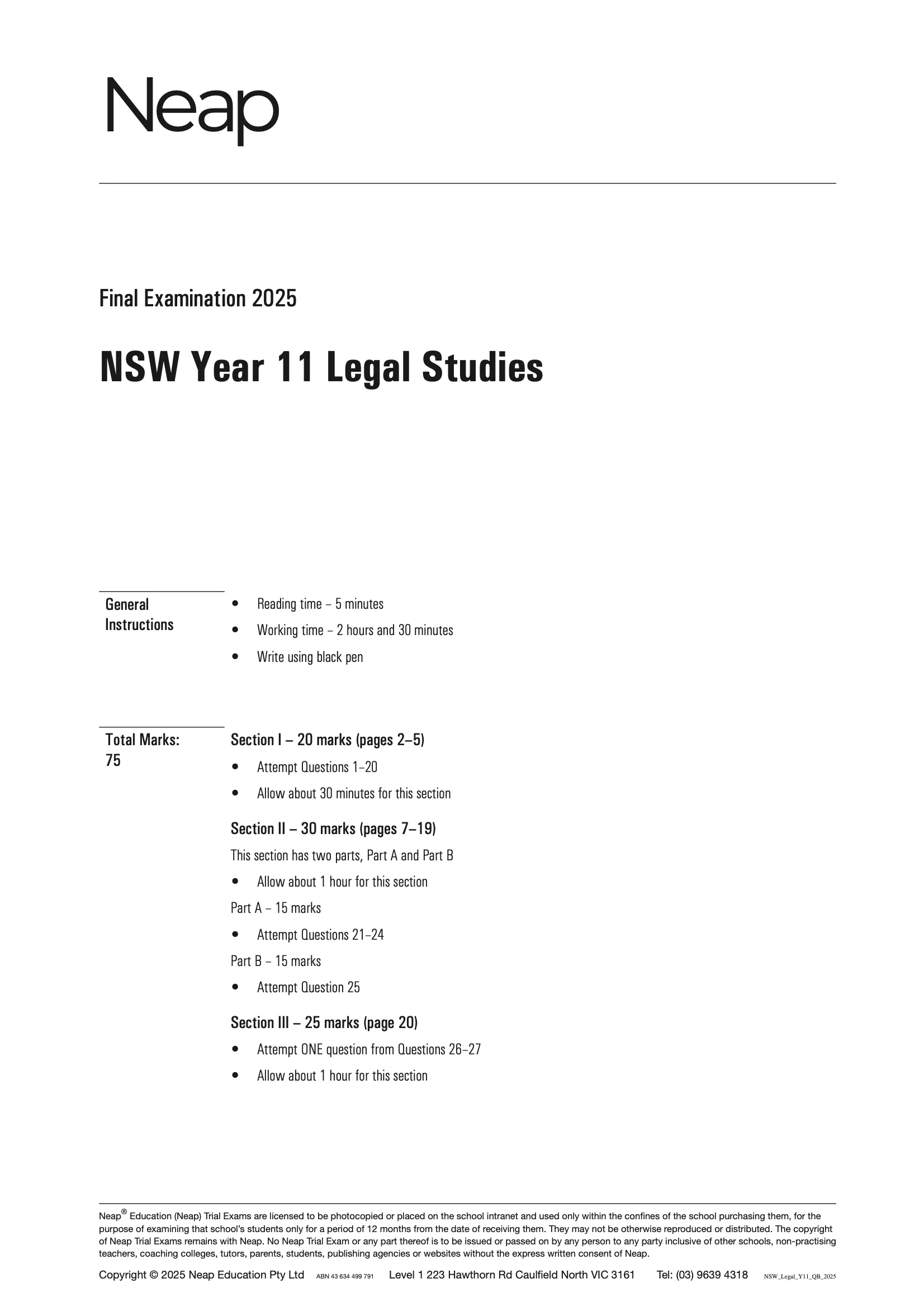 Neap Practice Exam: 2025 HSC Year 11 Legal Studies (Digital)
