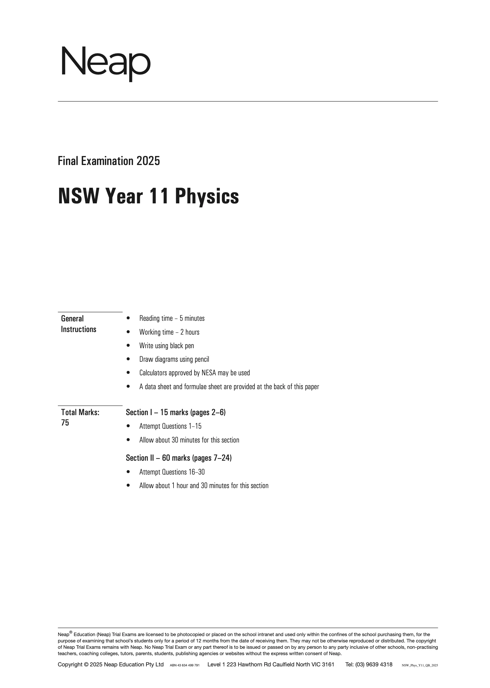 Neap Practice Exam: 2025 HSC Year 11 Physics (Digital)
