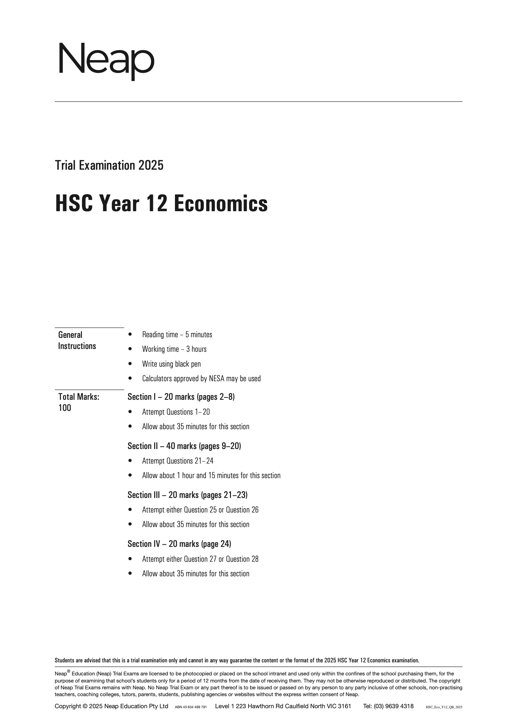 Neap Practice Exam: 2025 HSC Year 12 Economics (Digital)
