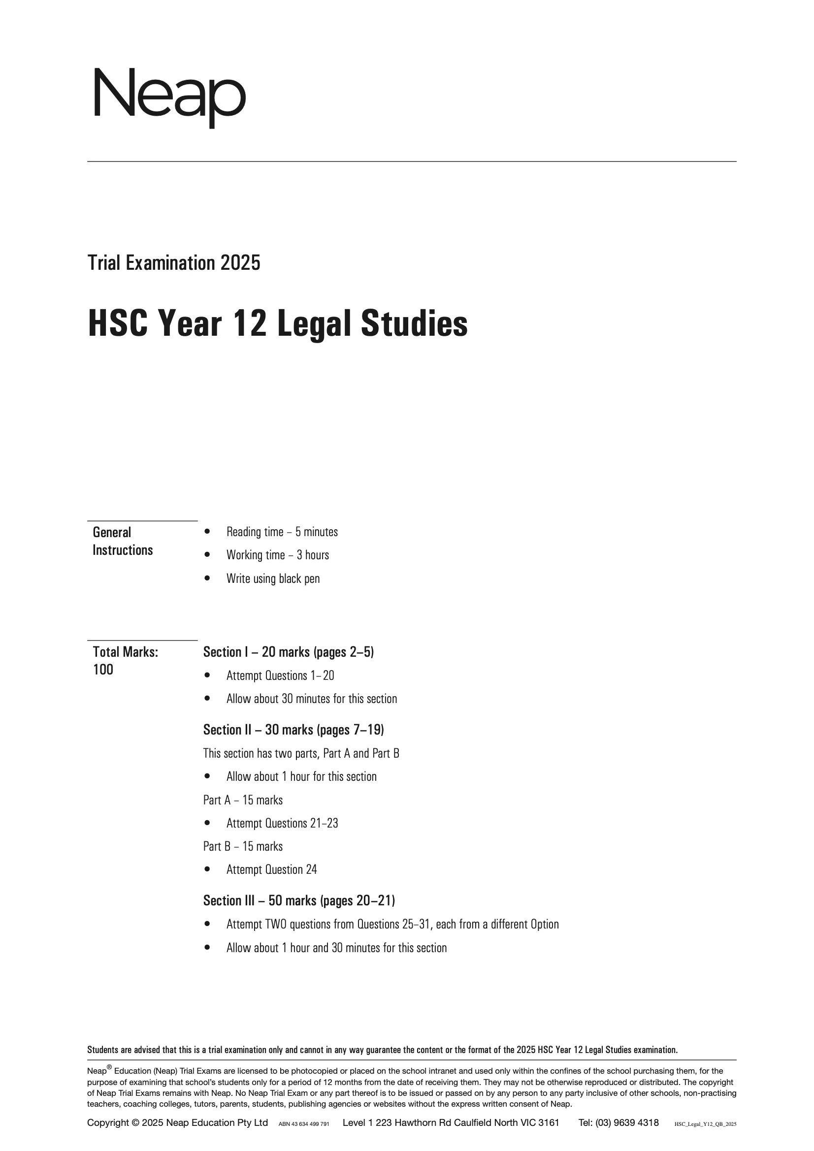 Neap Practice Exam: 2025 HSC Year 12 Legal Studies (Digital)