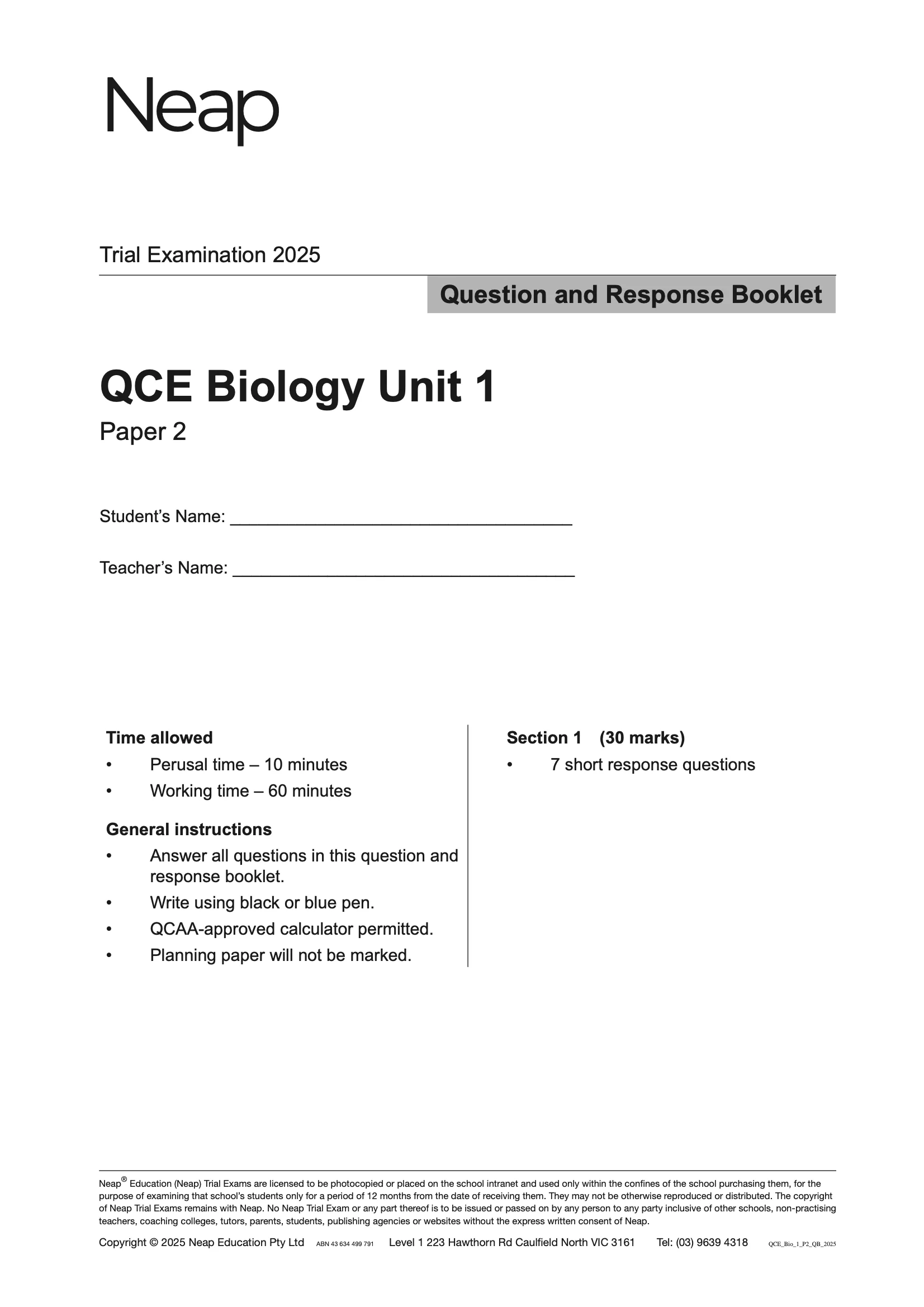 Neap Practice Exam: 2025 QCE Biology Unit 1 (Papers 1 and 2) (Digital) - Image 2