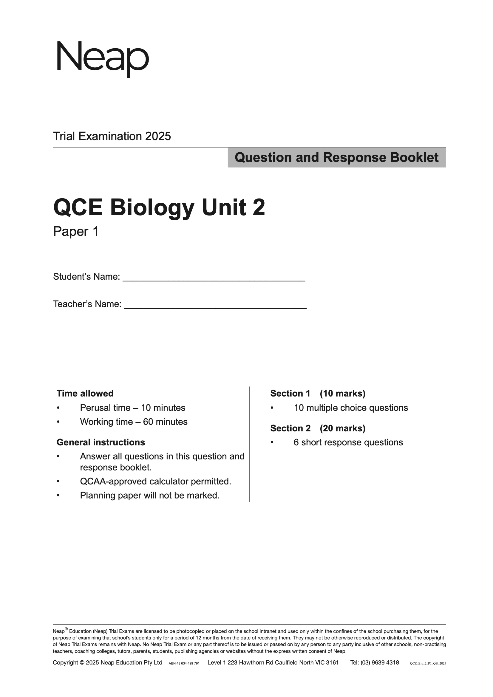 Neap Practice Exam: 2025 QCE Biology Unit 2 (Papers 1 and 2) (Digital) - Image 2