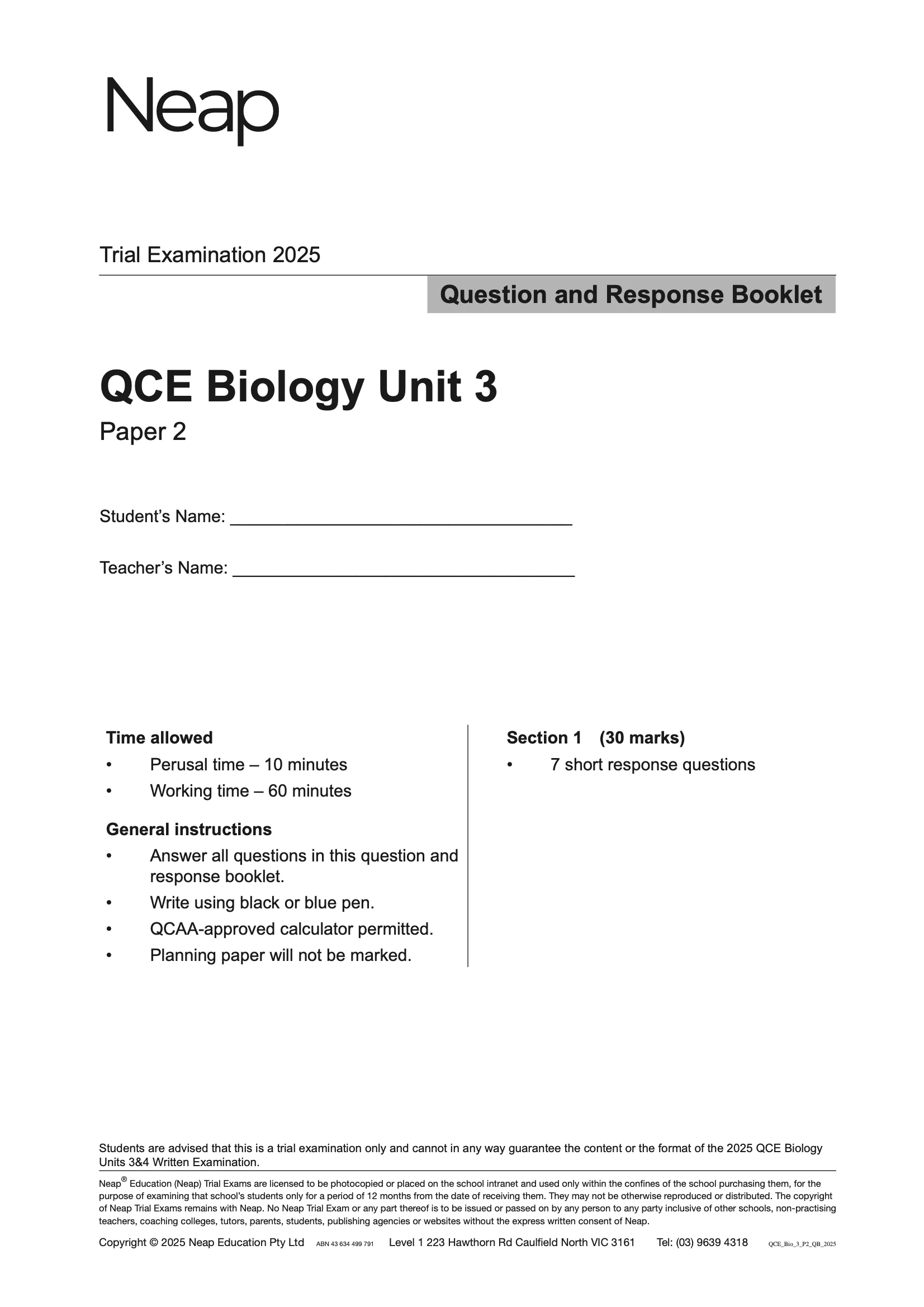 Neap Practice Exam: 2025 QCE Biology Units 3 (Papers 1 and 2) (Digital) - Image 2