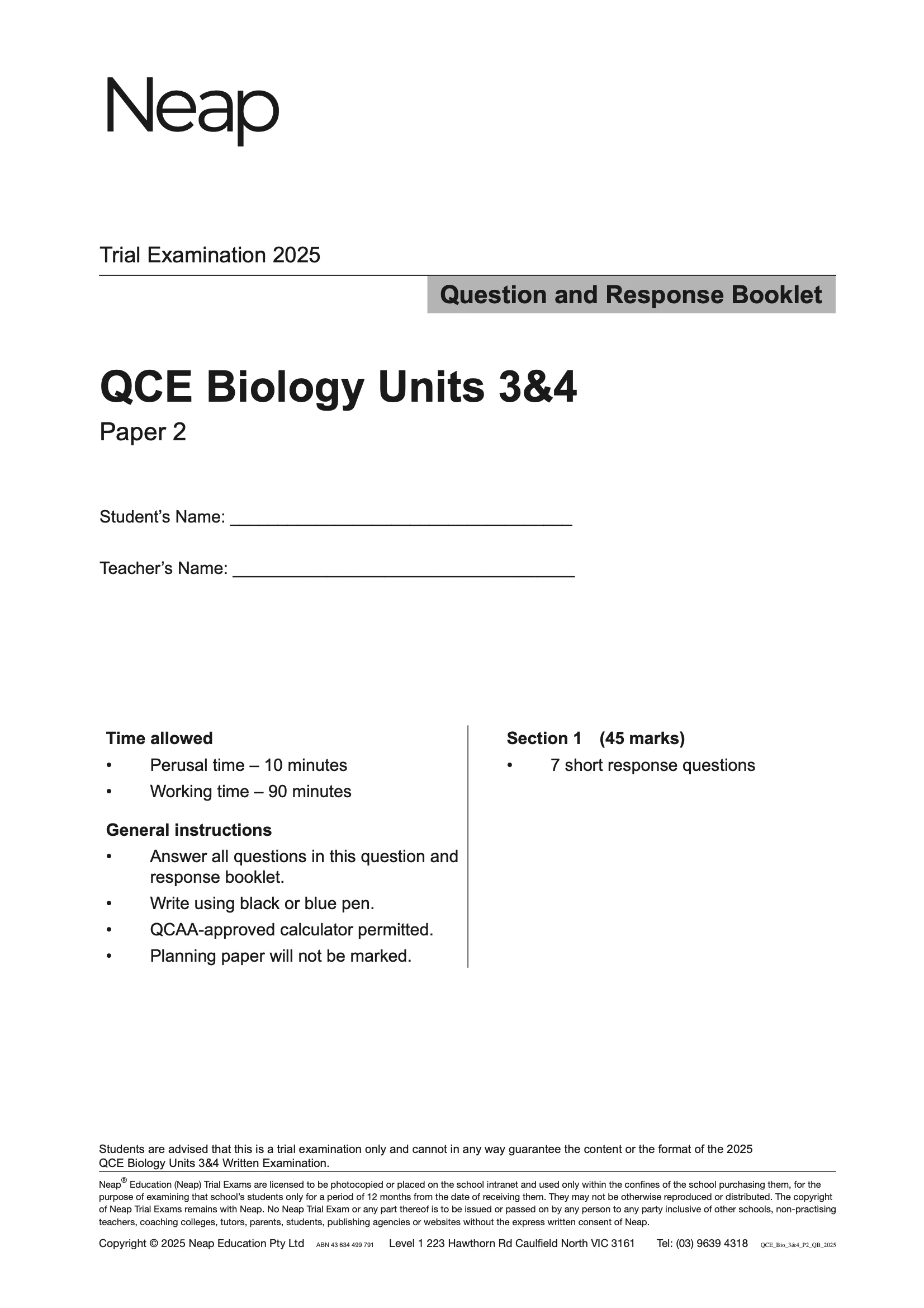 Neap Practice Exam: 2025 QCE Biology Units 3&4 (Papers 1 and 2) (Digital)