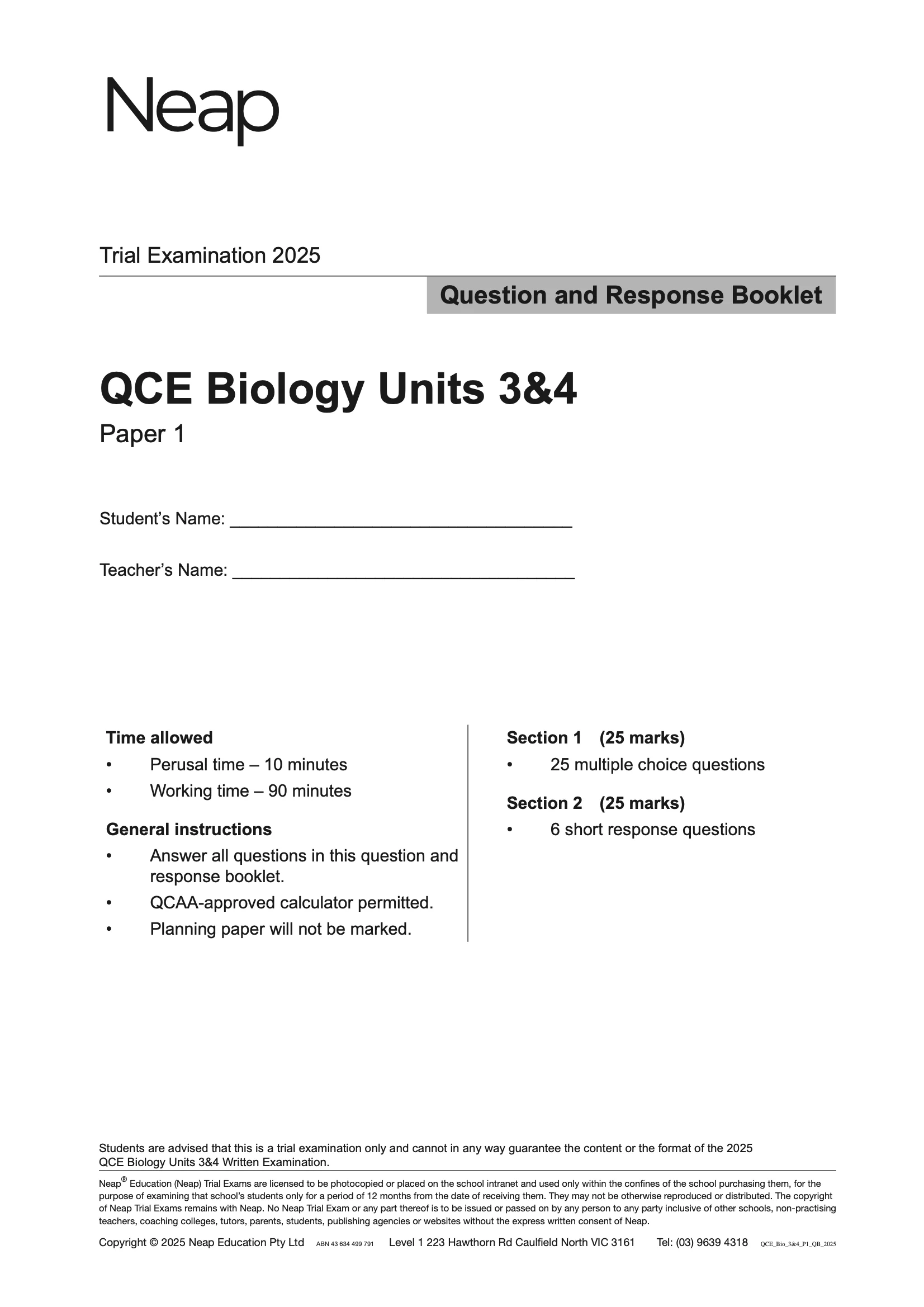 Neap Practice Exam: 2025 QCE Biology Units 3&4 (Papers 1 and 2) (Digital) - Image 2