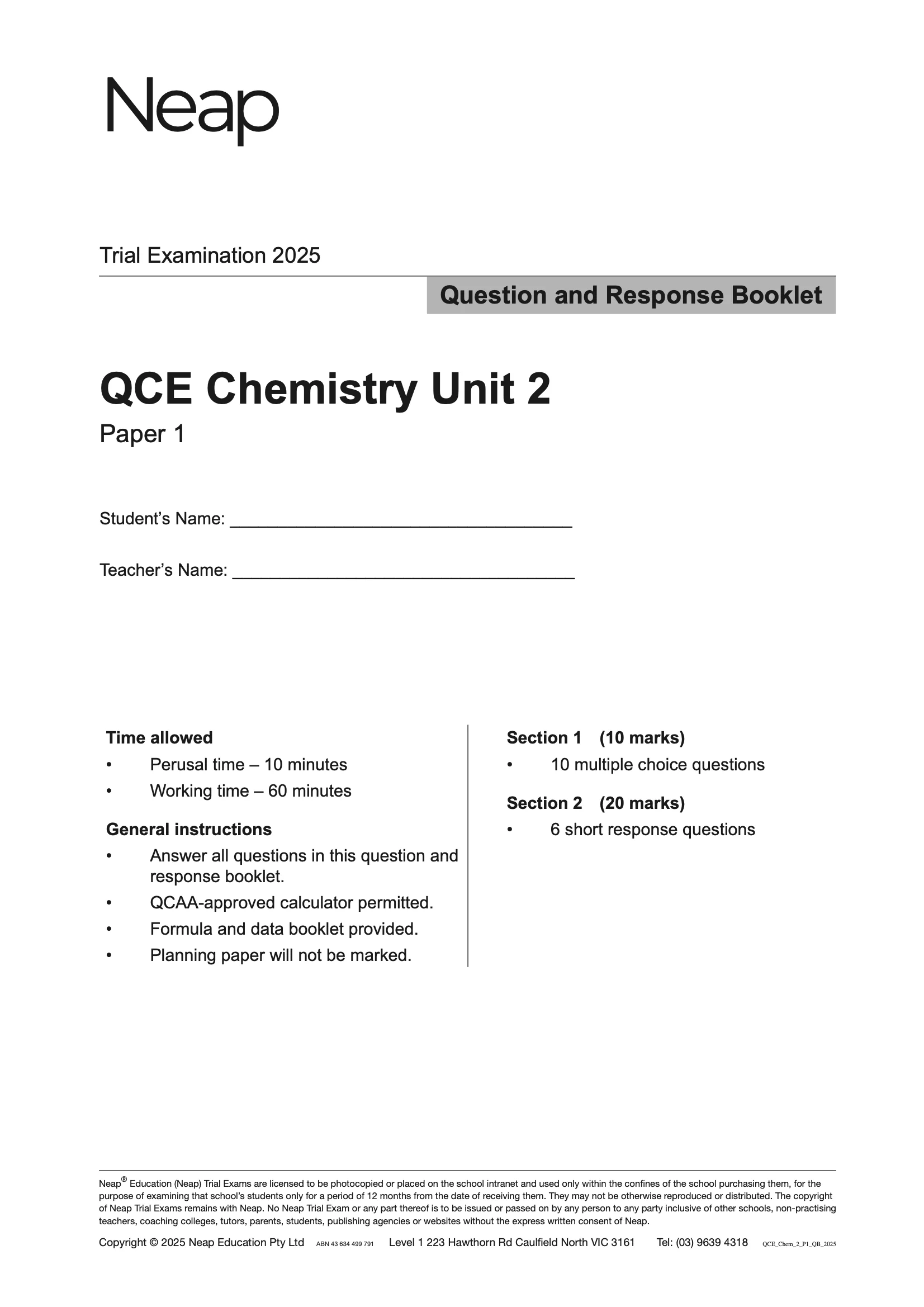 Neap Practice Exam: 2025 QCE Chemistry Unit 2 (Papers 1 and 2) (Digital) - Image 2