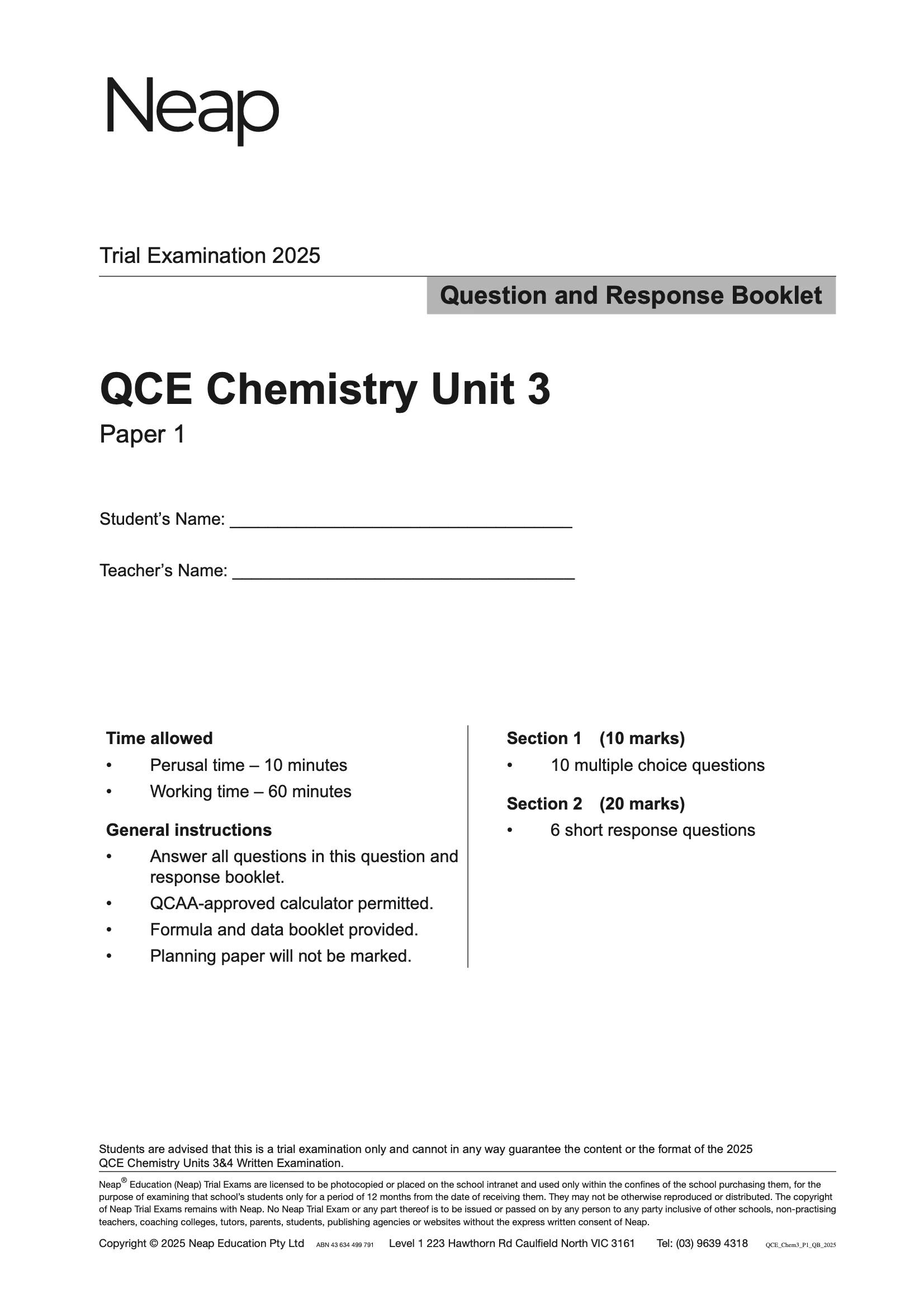 Neap Practice Exam: 2025 QCE Chemistry Units 3 (Papers 1 and 2) (Digital)
