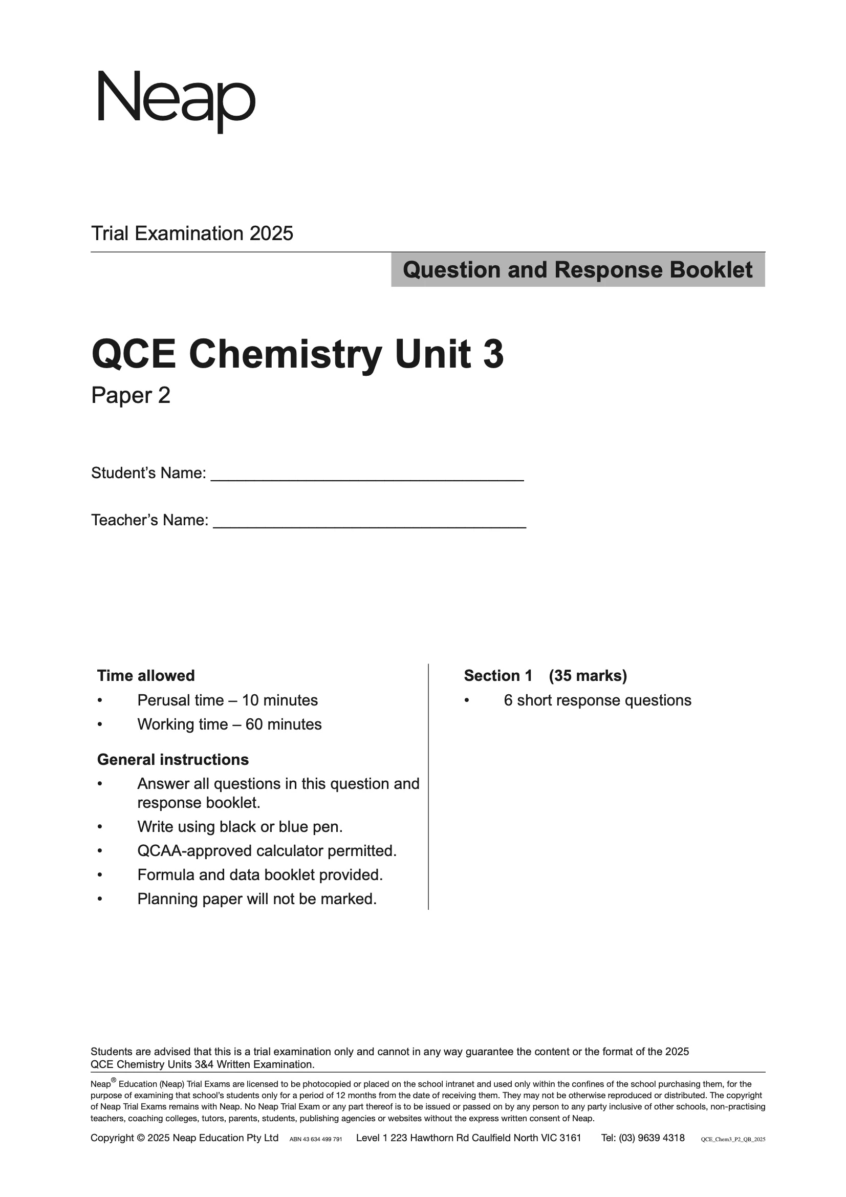 Neap Practice Exam: 2025 QCE Chemistry Units 3 (Papers 1 and 2) (Digital) - Image 2