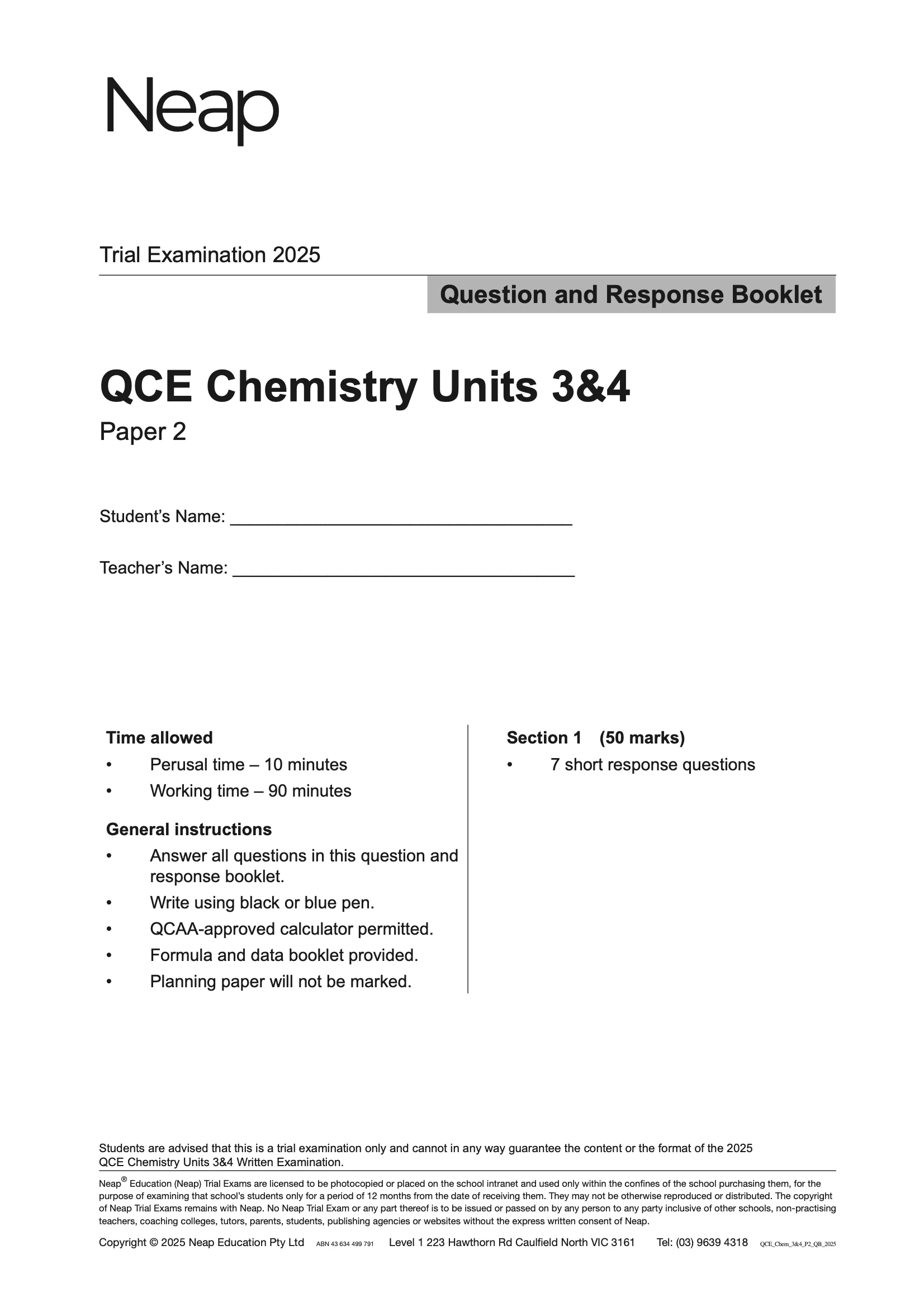 Neap Practice Exam: 2025 QCE Chemistry Units 3&4 (Papers 1 and 2) (Digital)