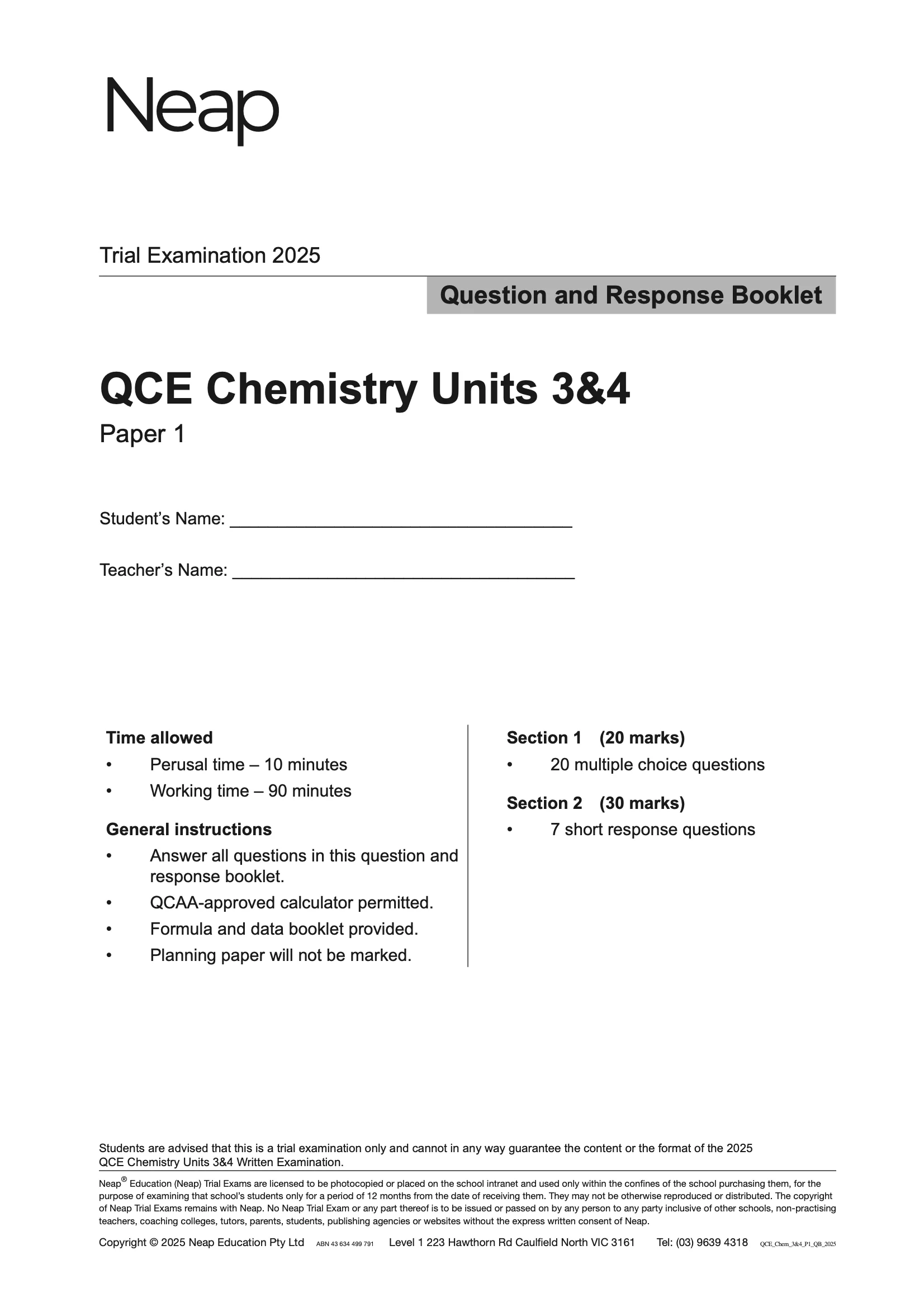 Neap Practice Exam: 2025 QCE Chemistry Units 3&4 (Papers 1 and 2) (Digital) - Image 2