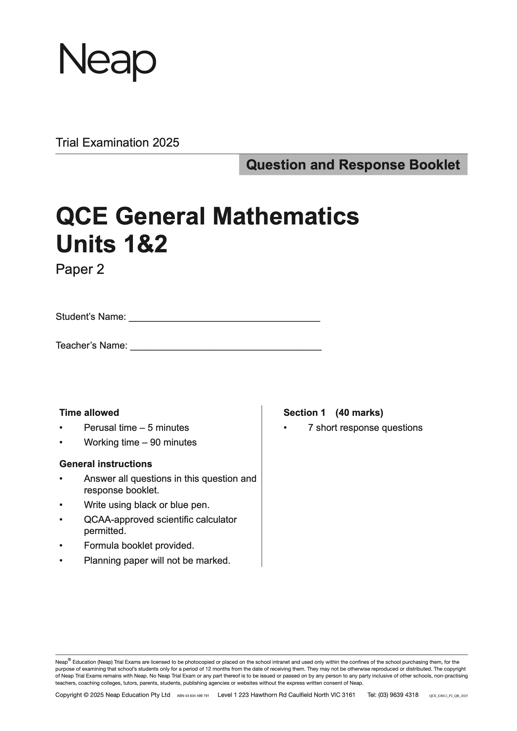 Neap Practice Exam: 2025 QCE General Maths Units 1&2 (Papers 1 and 2) (Digital)