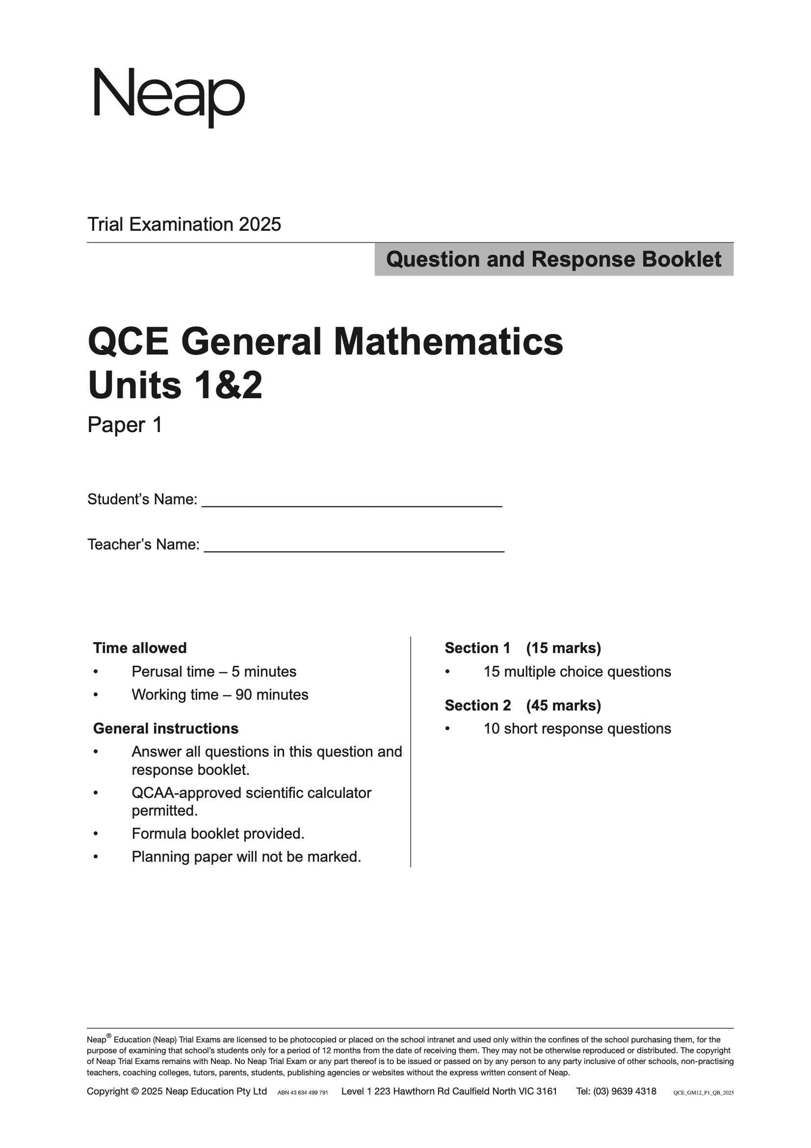 Neap Practice Exam: 2025 QCE General Maths Units 1&2 (Papers 1 and 2) (Digital) - Image 2