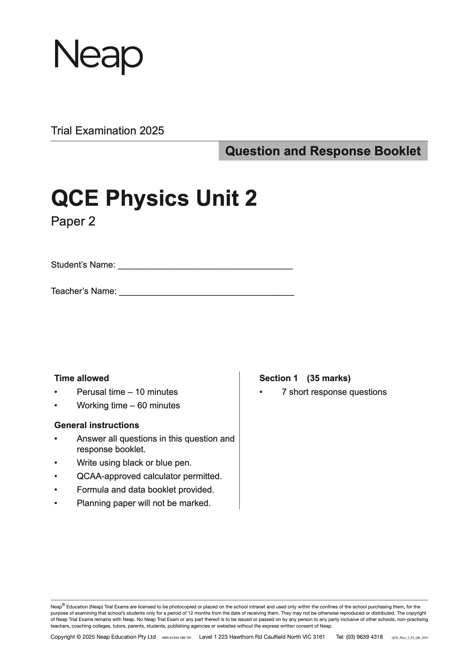 Neap Practice Exam: 2025 QCE Physics Unit 2 (Papers 1 and 2) (Digital)