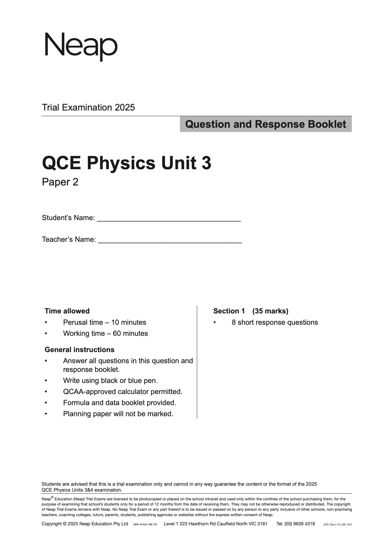 Neap Practice Exam: 2025 QCE Physics Unit 3 (Papers 1 and 2) (Digital) - Image 2