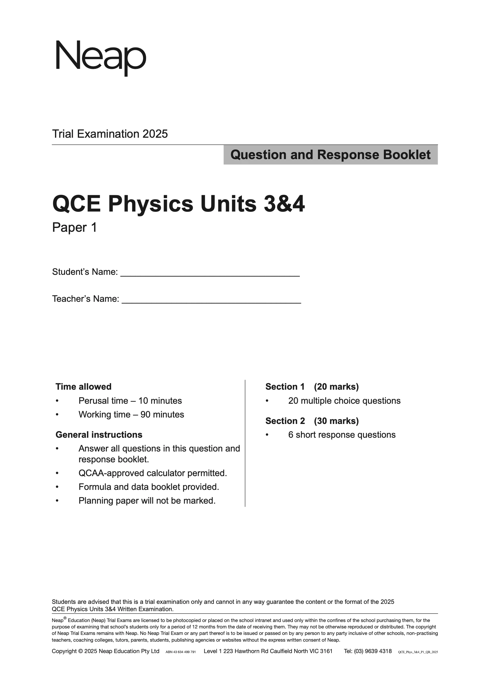 Neap Practice Exam: 2025 QCE Physics Units 3&4 (Papers 1 and 2) (Digital) - Image 2