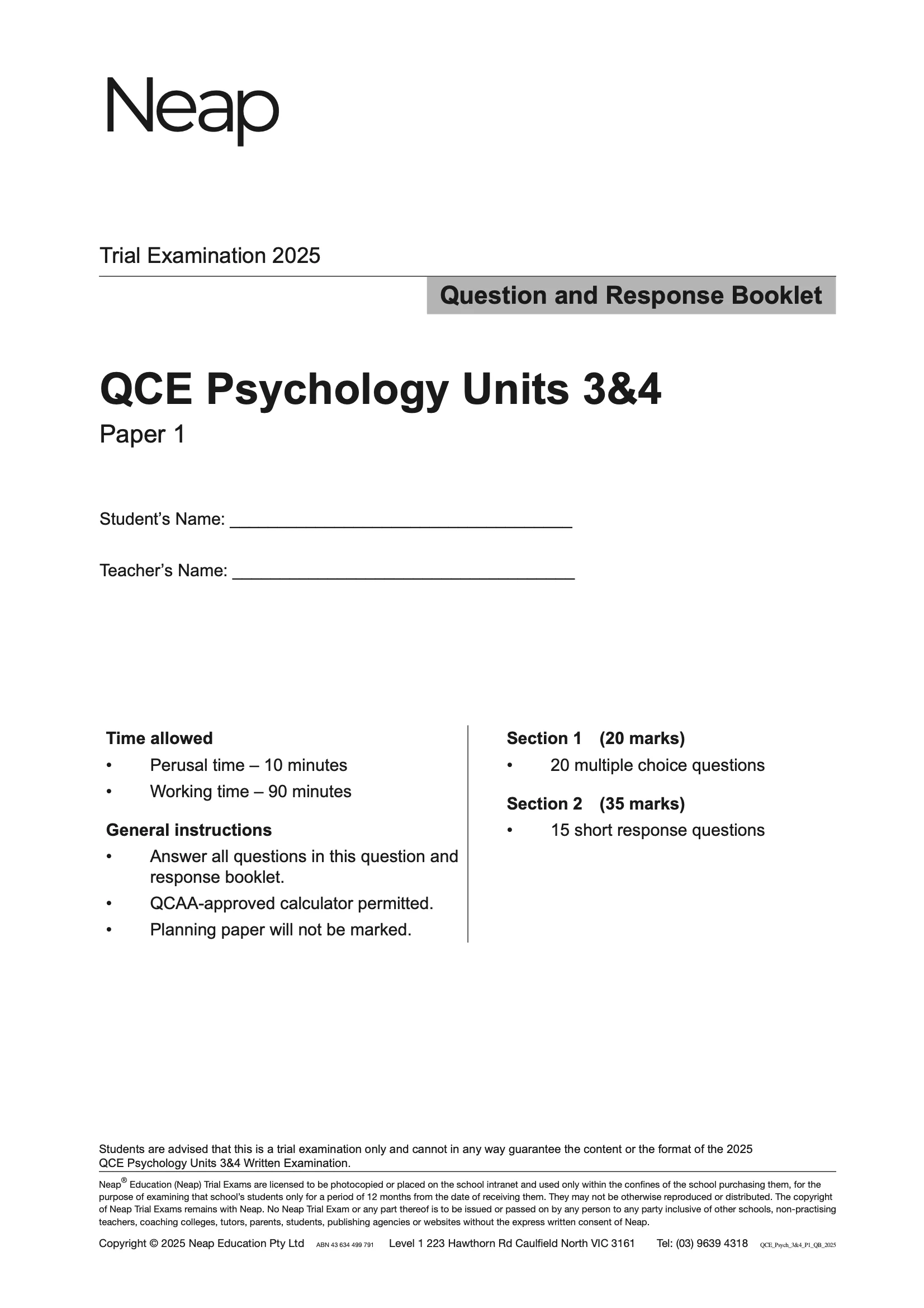 Neap Practice Exam: 2025 QCE Psychology Units 3&4 (Papers 1 and 2) (Digital) - Image 2