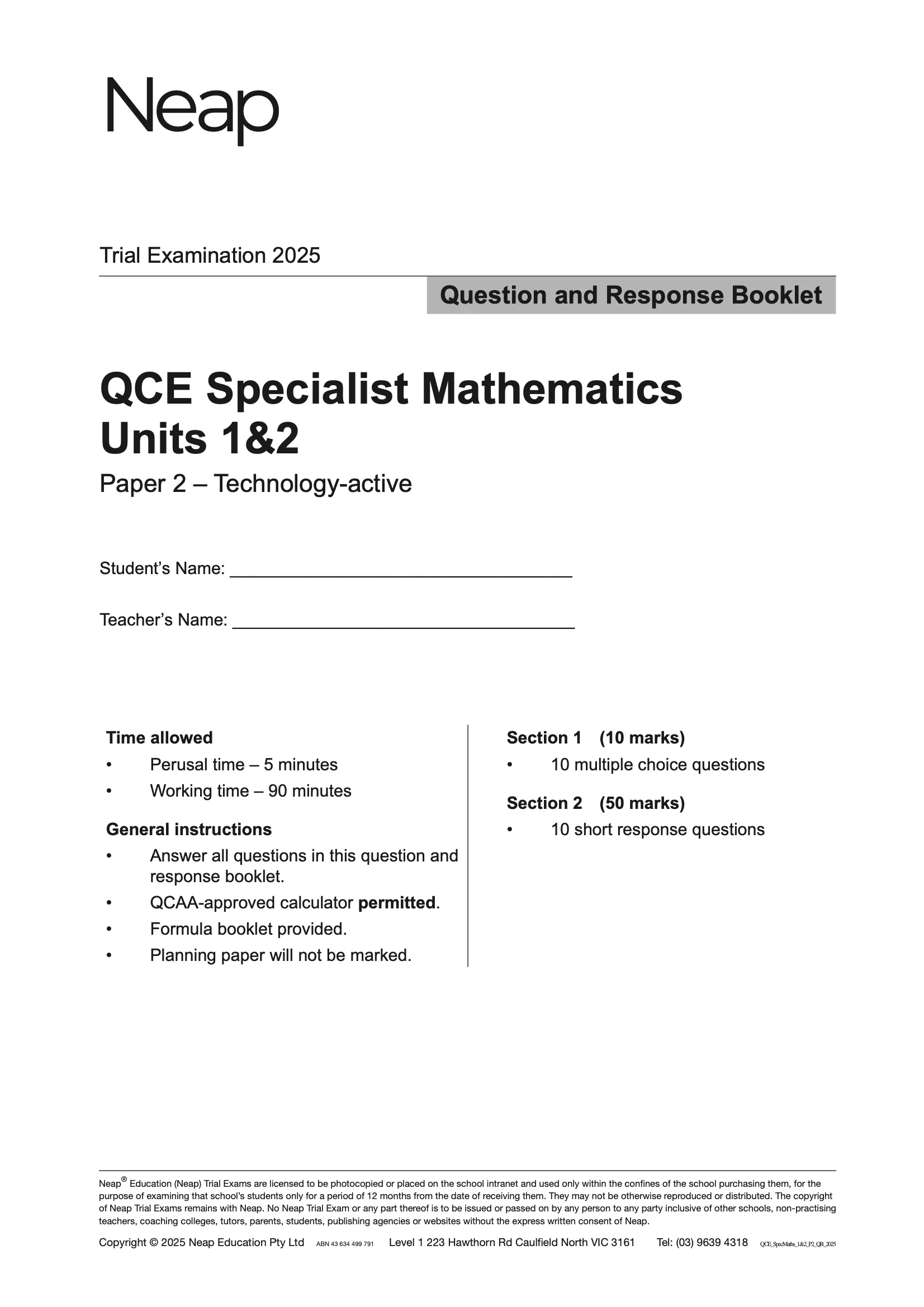 Neap Practice Exam: 2025 QCE Specialist Maths Units 1&2 (Papers 1 and 2) (Digital)