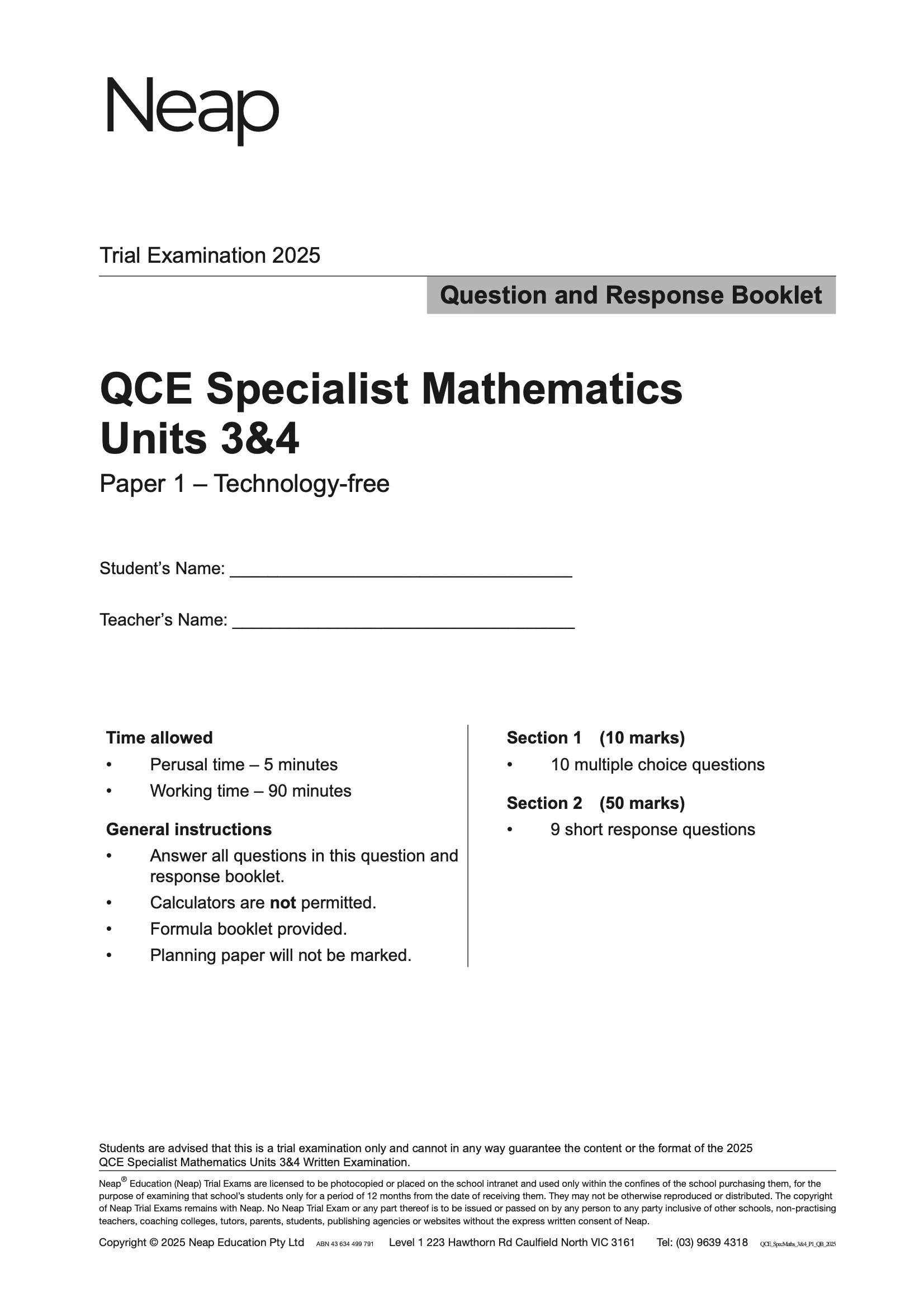 Neap Practice Exam: 2025 QCE Specialist Maths Units 3&4 (Papers 1 and 2) (Digital) - Image 2