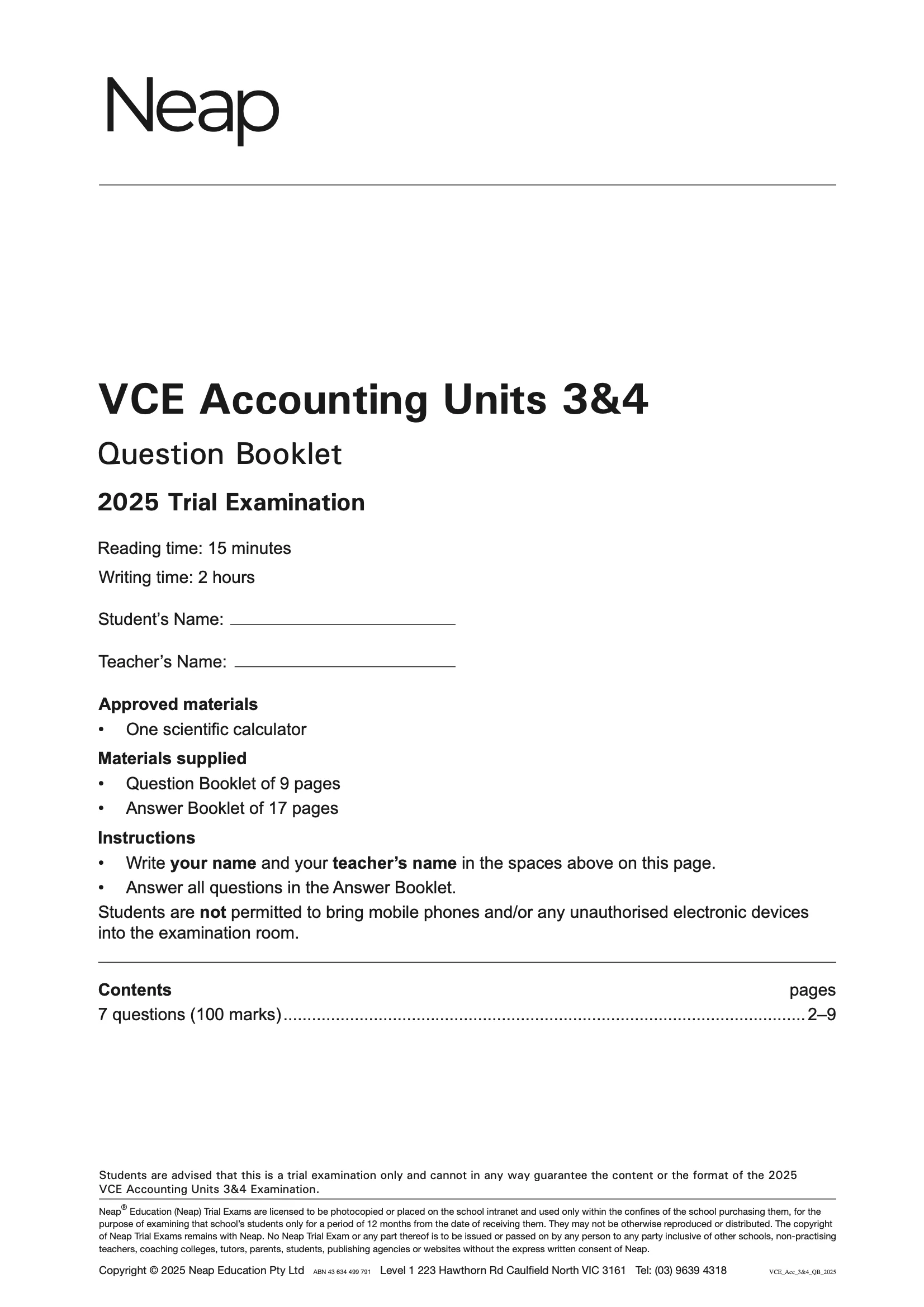 Neap Practice Exam: 2025 VCE Accounting Units 3&4 (Digital)