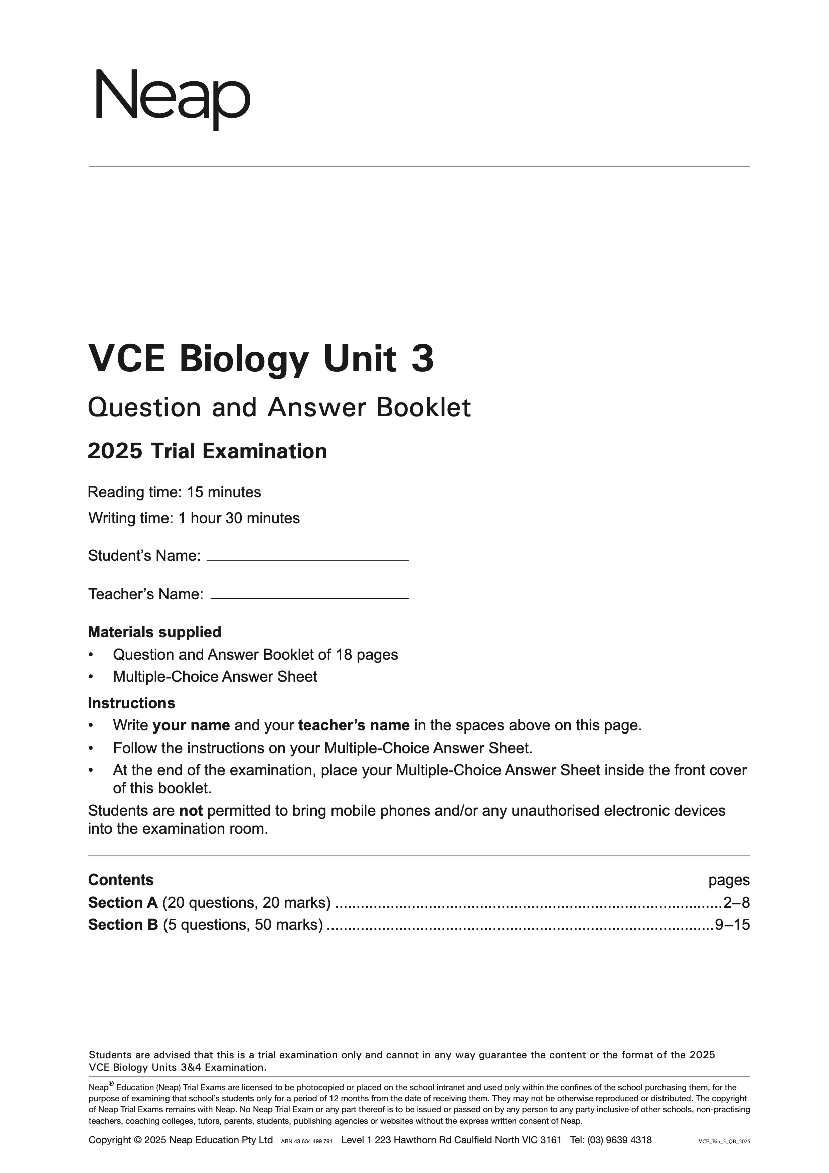 Neap Practice Exam: 2025 VCE Biology Unit 3 (Digital)
