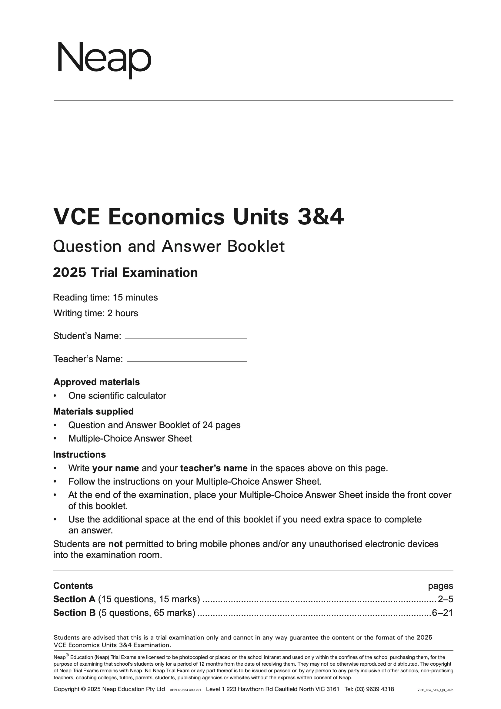 Neap Practice Exam: 2025 VCE Economics Units 3&4 (Digital)