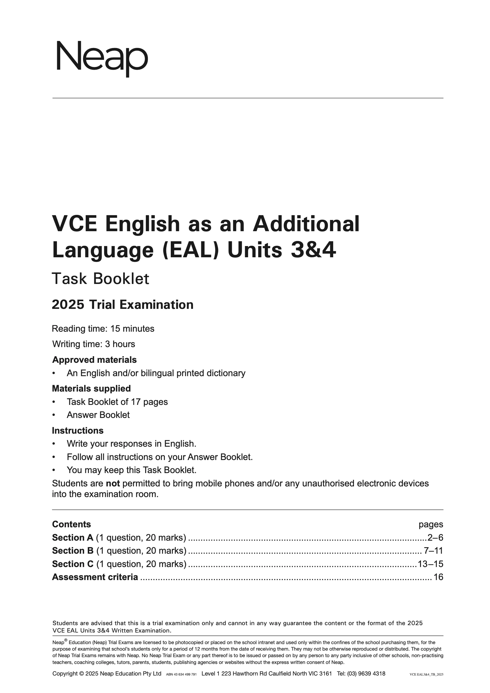 Neap Practice Exam: 2025 VCE English as an Additional Language (EAL) Units 3&4 (Digital)
