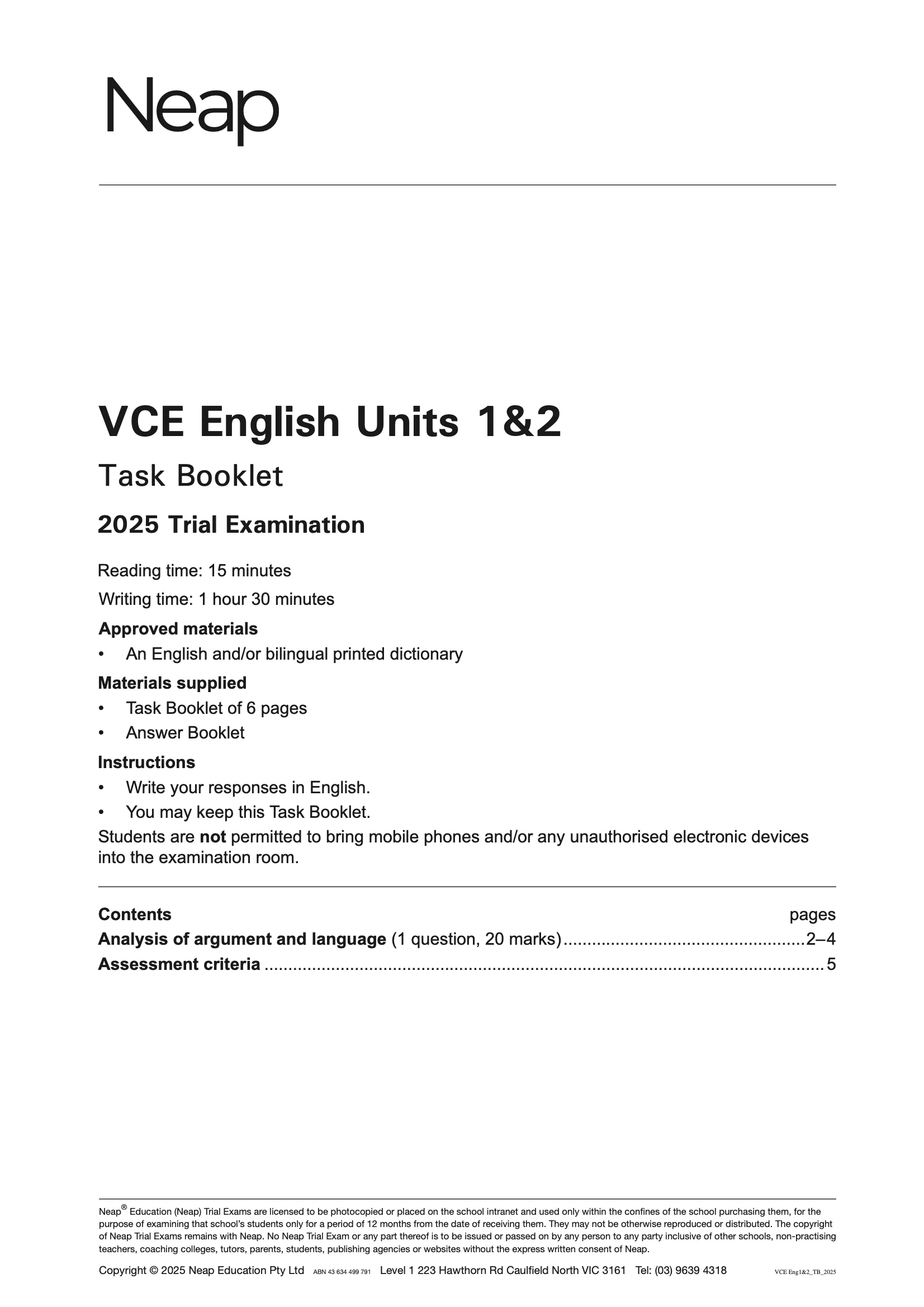 Neap Practice Exam: 2025 VCE English Units 1&2 (Digital)