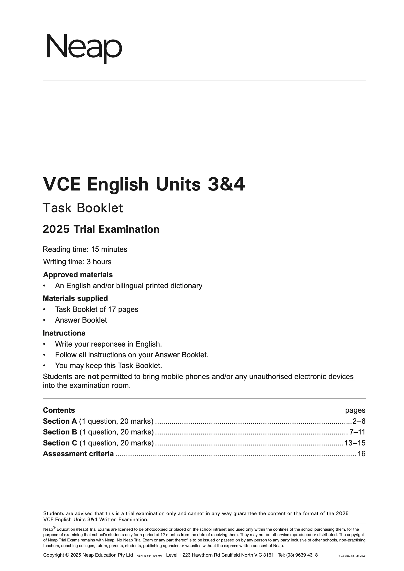 Neap Practice Exam: 2025 VCE English Units 3&4 (Digital)
