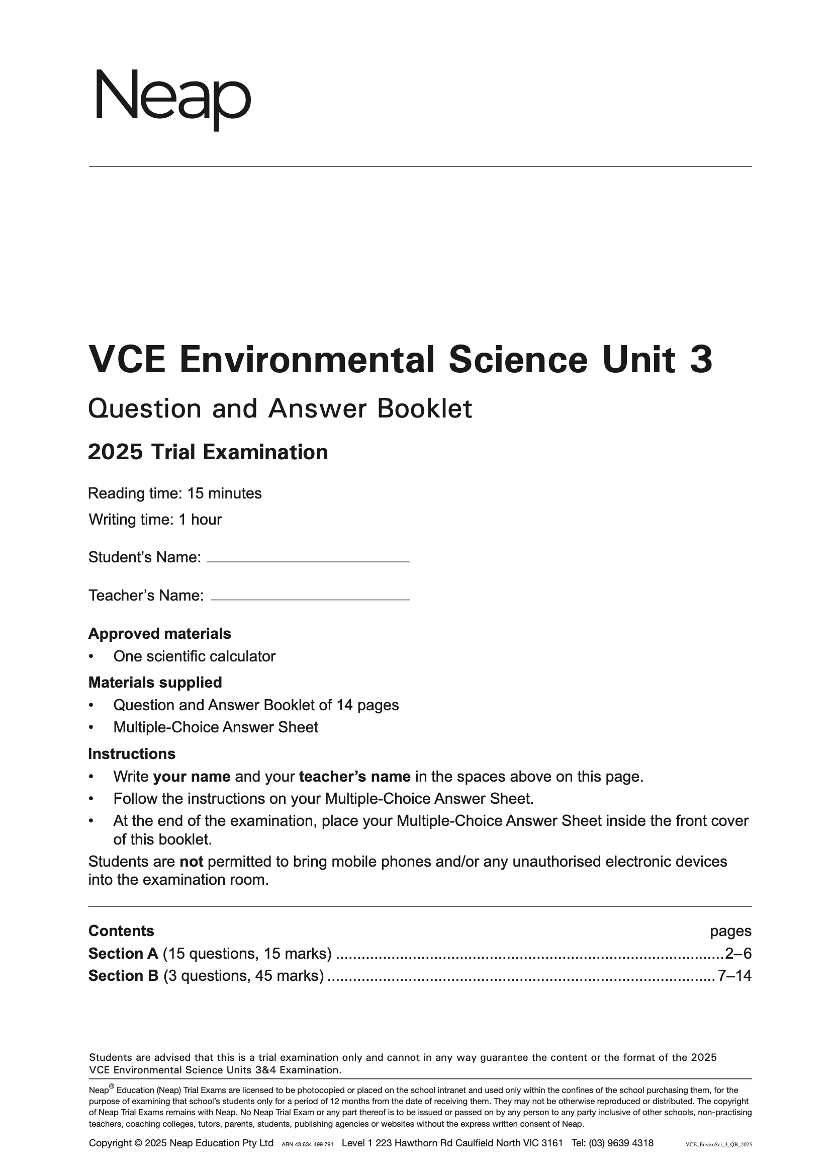 Neap Practice Exam: 2025 VCE Environmental Science Unit 3 (Digital)
