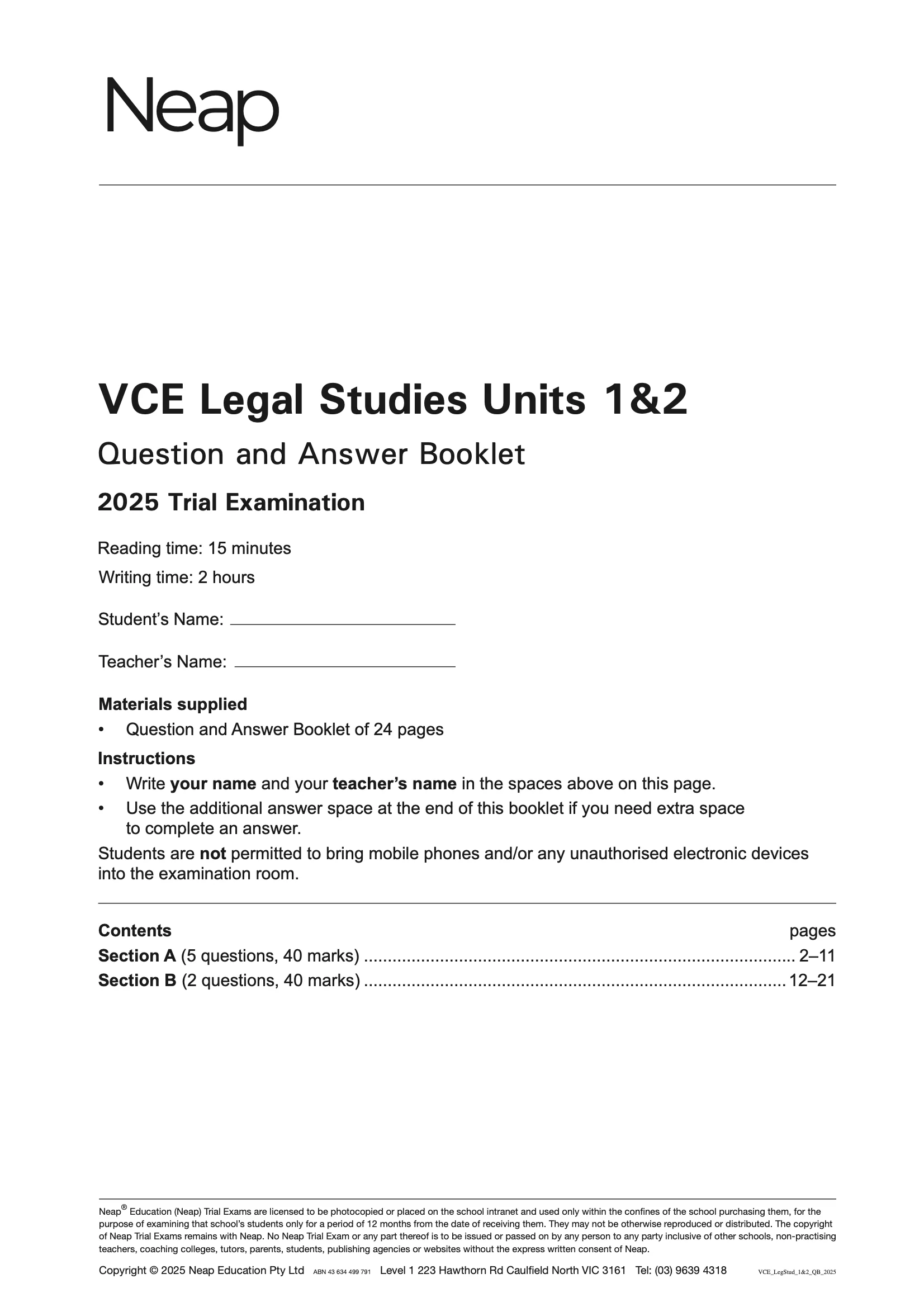 Neap Practice Exam: 2025 VCE Legal Studies Units 1&2 (Digital)