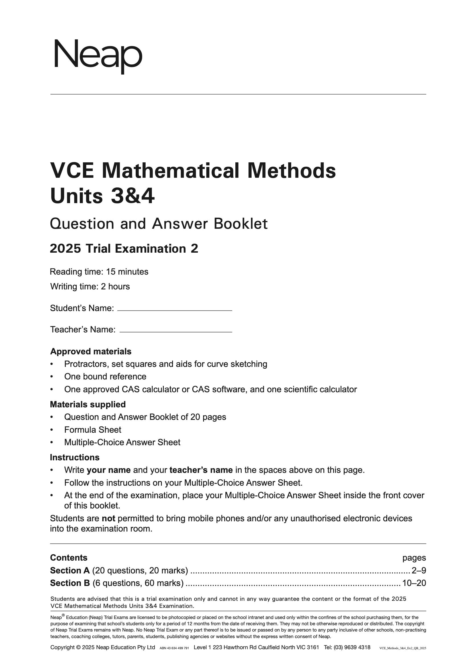 Neap Practice Exam: 2025 VCE Maths Methods Units 3&4 (Digital)