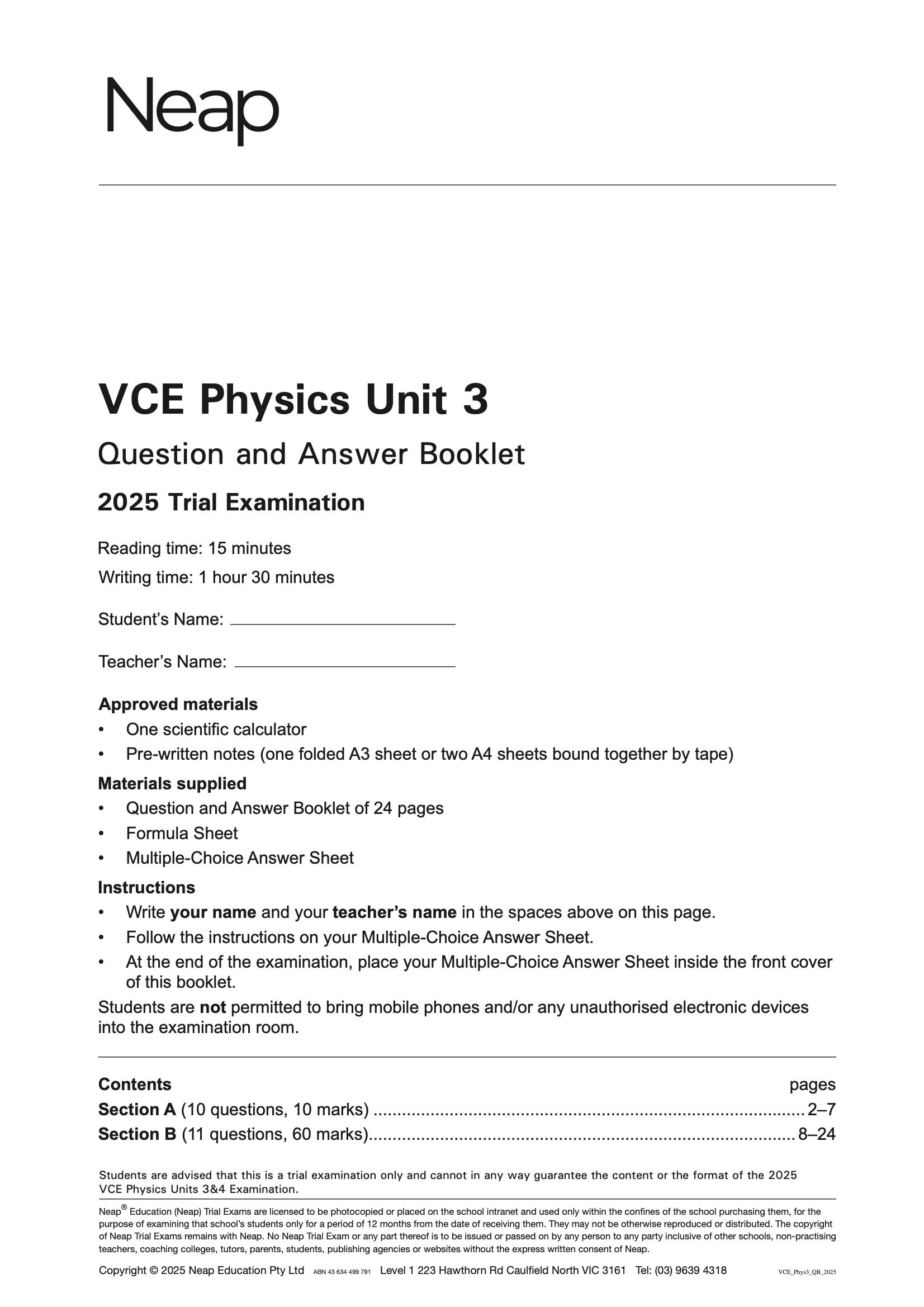 Neap Practice Exam: 2025 VCE Physics Unit 3 (Digital)