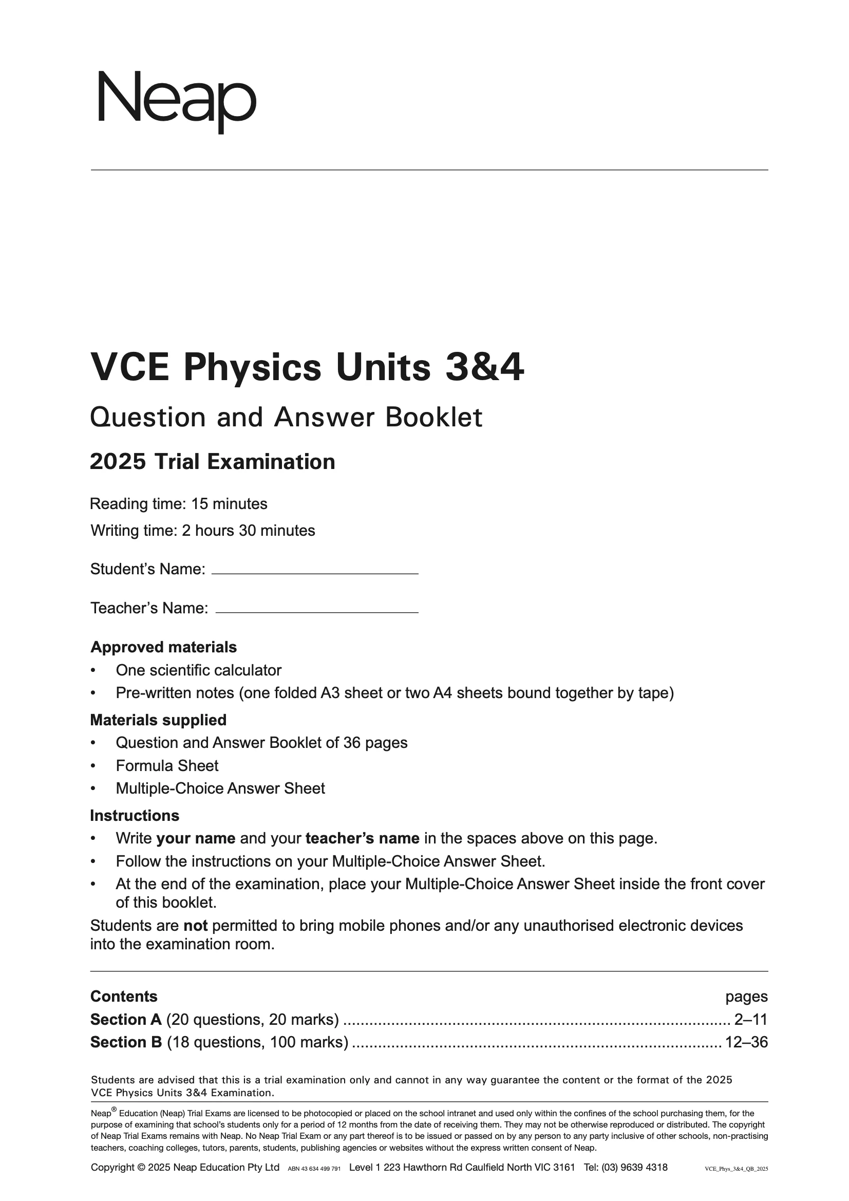 Neap Practice Exam: 2025 VCE Physics Units 3&4 (Digital)