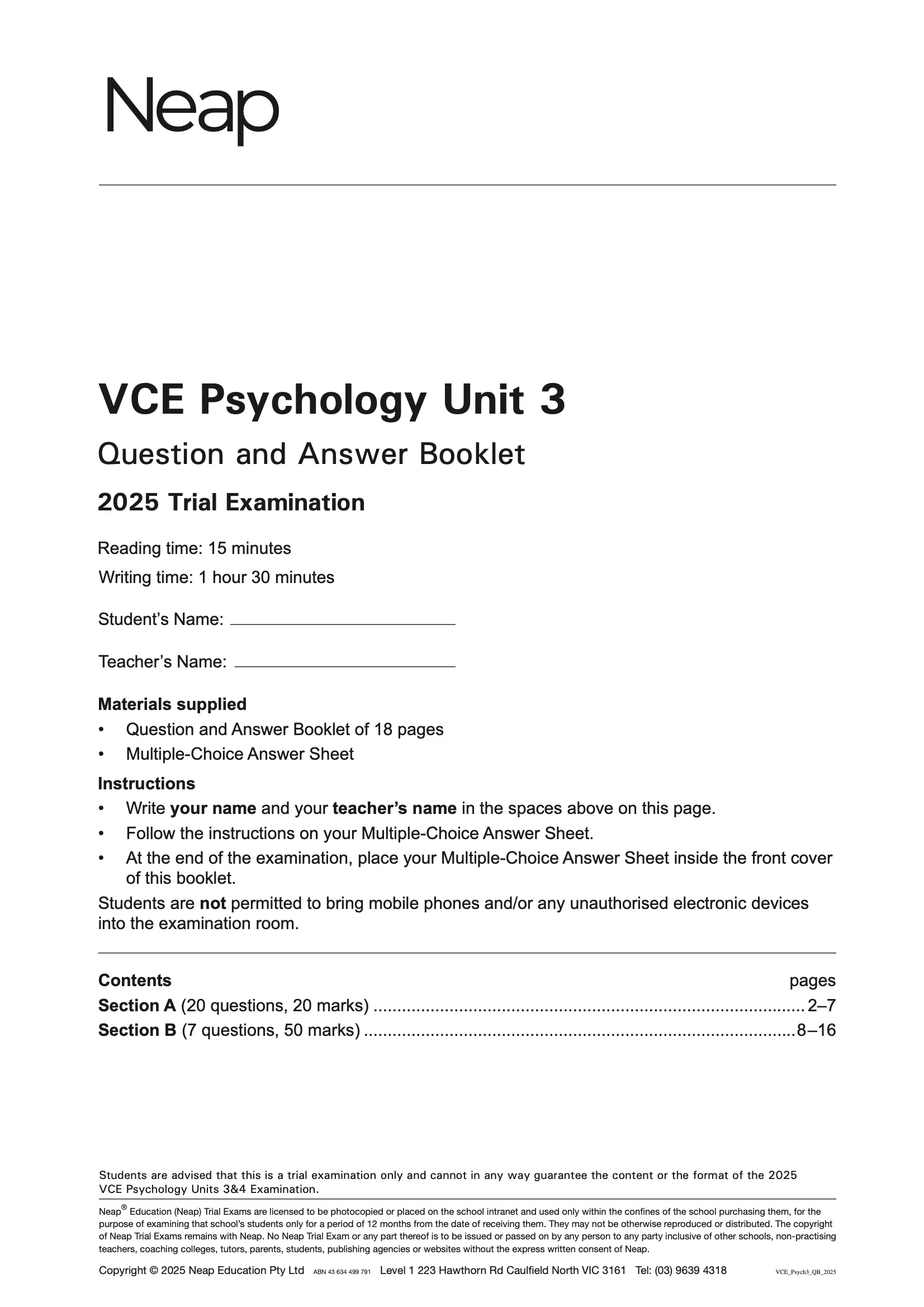 Neap Practice Exam: 2025 VCE Psychology Unit 3 (Digital)