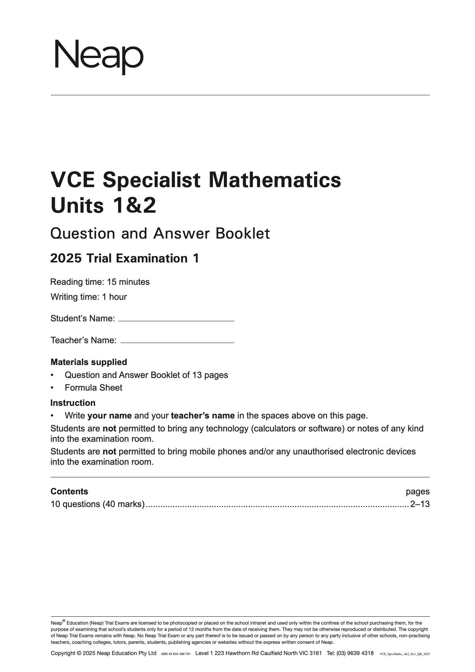 Neap Practice Exam: 2025 VCE Specialist Maths Units 1&2 (Digital) - Image 2