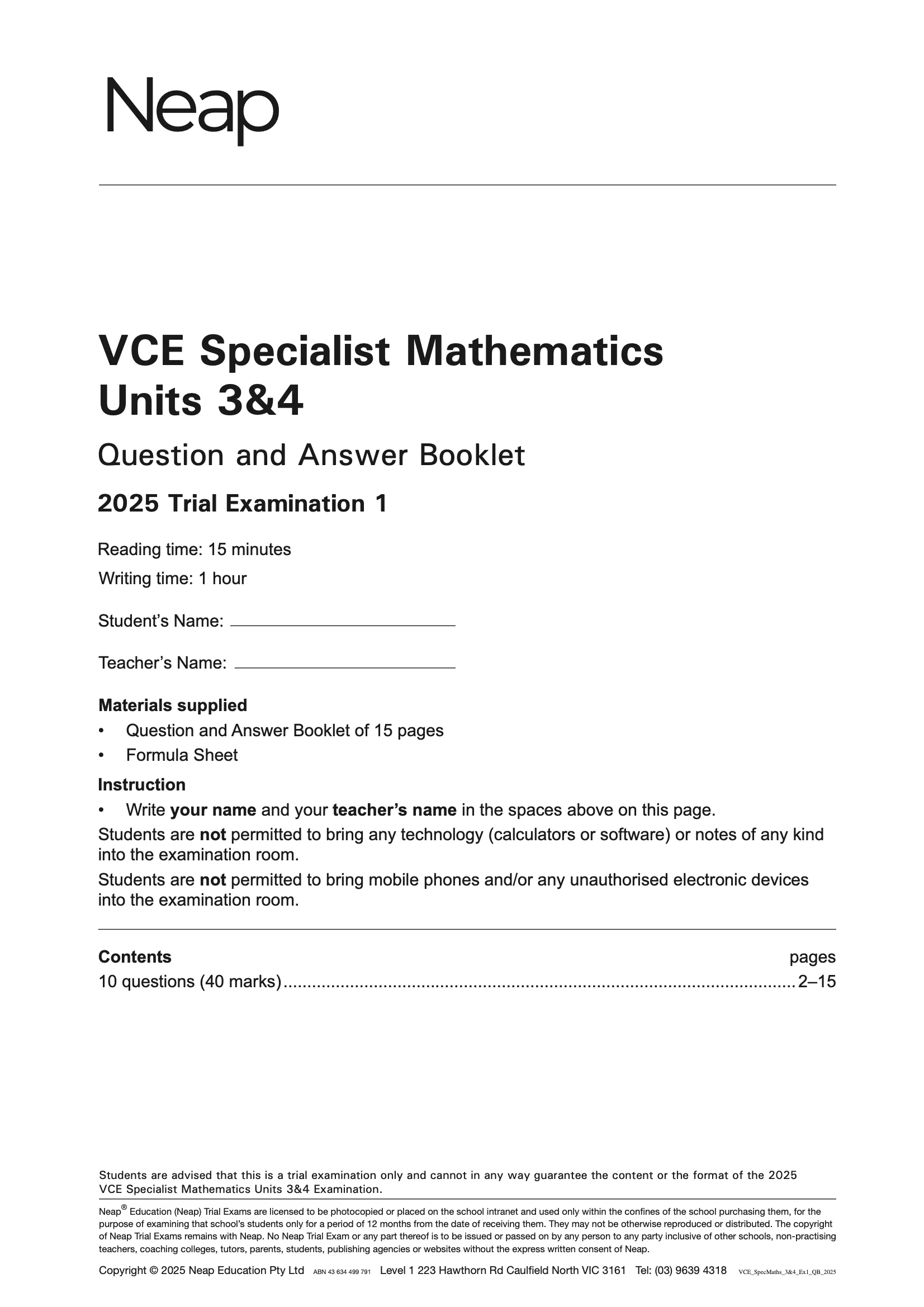 Neap Practice Exam: 2025 VCE Specialist Maths Units 3&4 (Digital) - Image 2