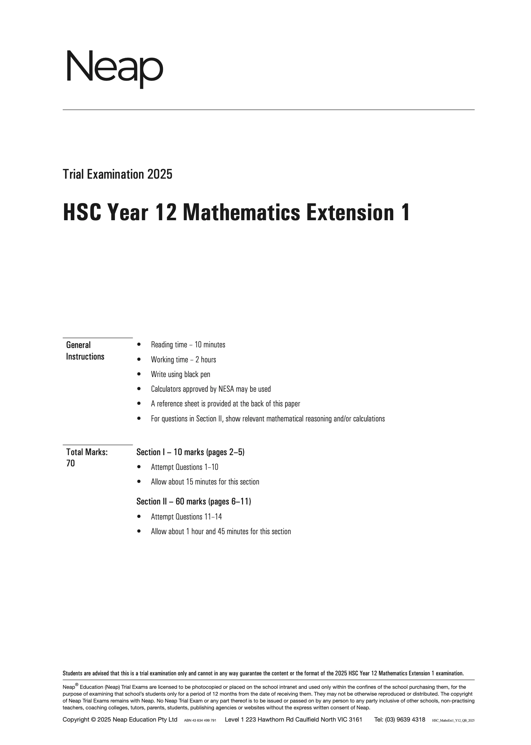 Neap Practice Exam Pack: HSC Year 12 Mathematics Extension 1 2026 Edition (3 Exams) - Image 2