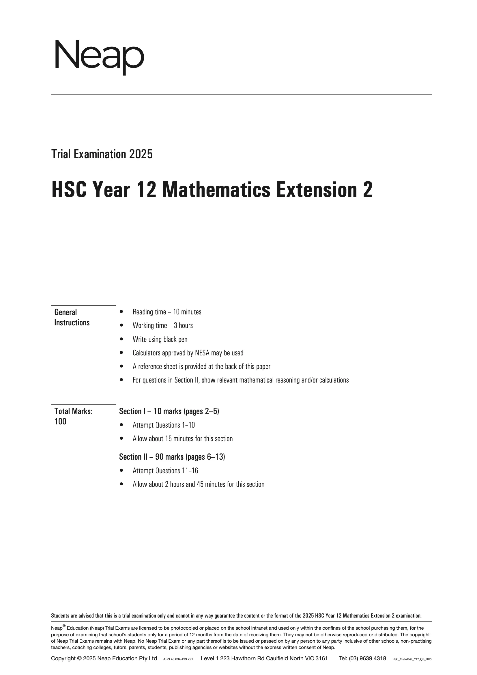 Neap Practice Exam Pack: HSC Year 12 Mathematics Extension 2 2026 Edition (3 Exams) - Image 2