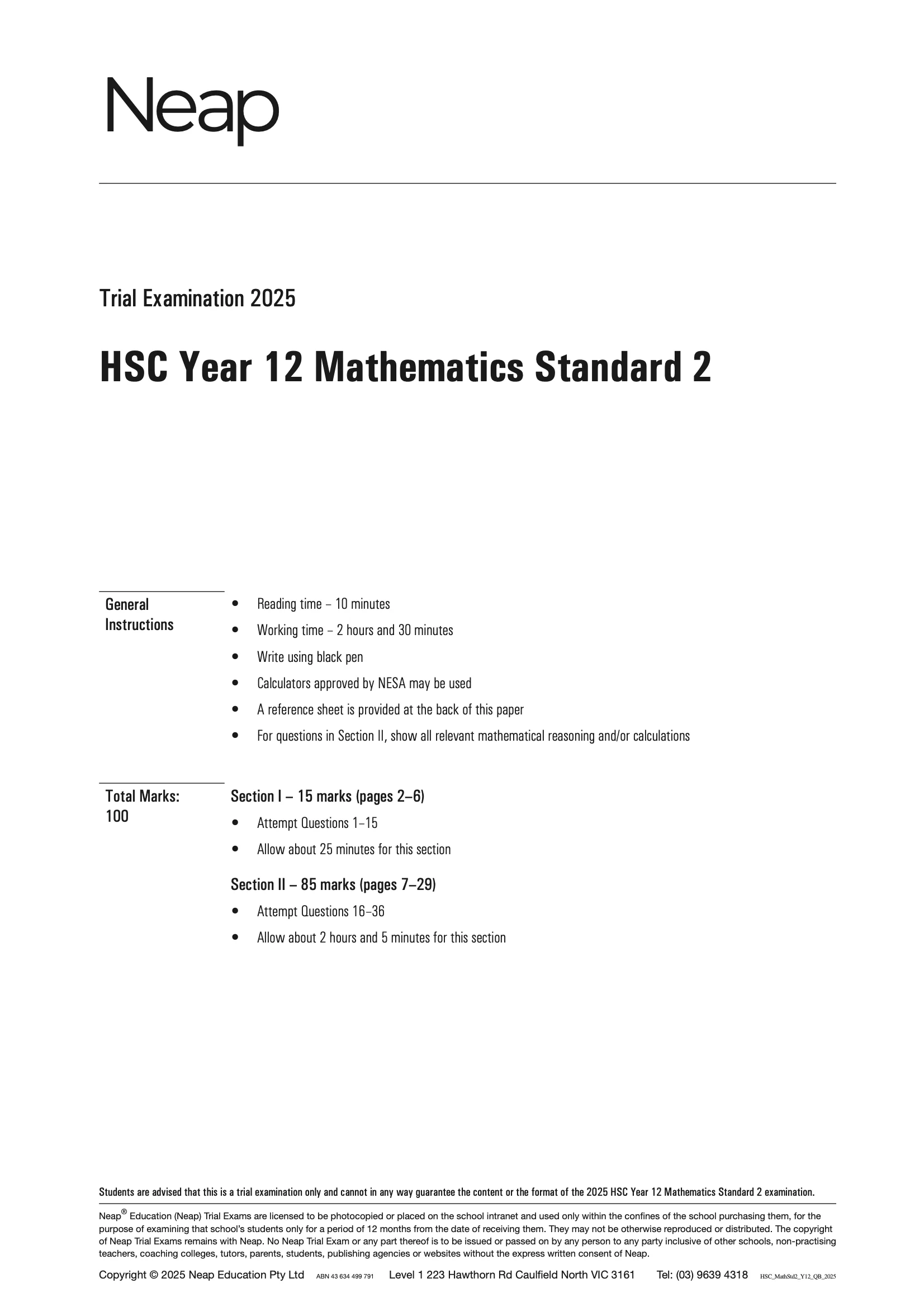 Neap Practice Exam Pack: HSC Year 12 Mathematics Standard 2 2026 Edition (3 Exams) - Image 2