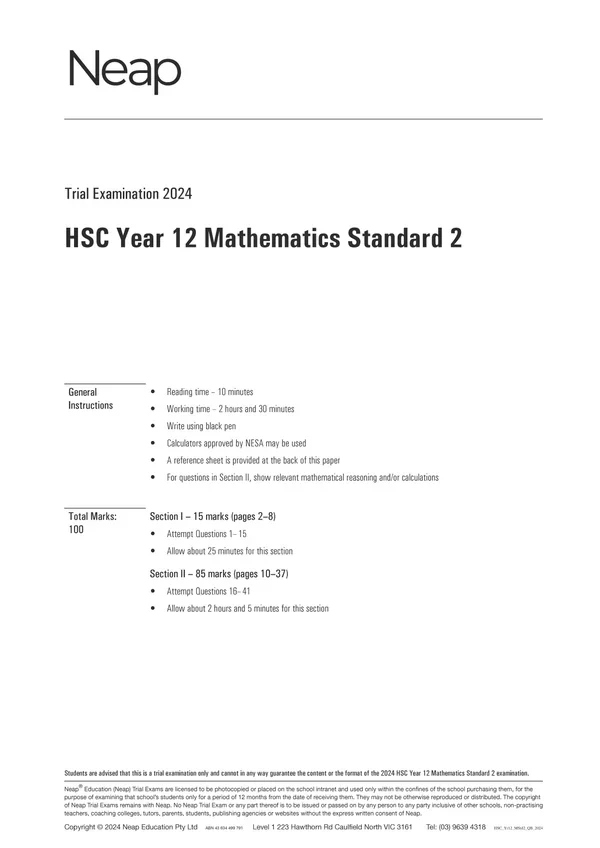Neap Practice Exam Pack: HSC Year 12 Mathematics Standard 2 2026 Edition (3 Exams) - Image 3