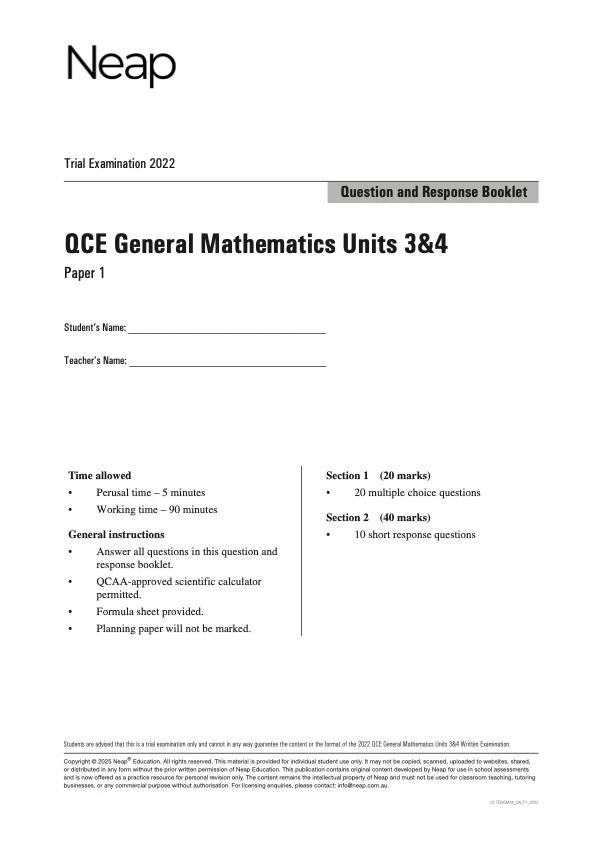 Neap Practice Exam Pack: QCE General Mathematics Units 3&4 (3 Exams) - Image 4
