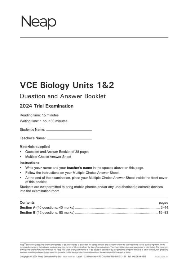 Neap Practice Exam Pack: VCE Biology Units 1&2 2026 Edition (3 Exams) - Image 3