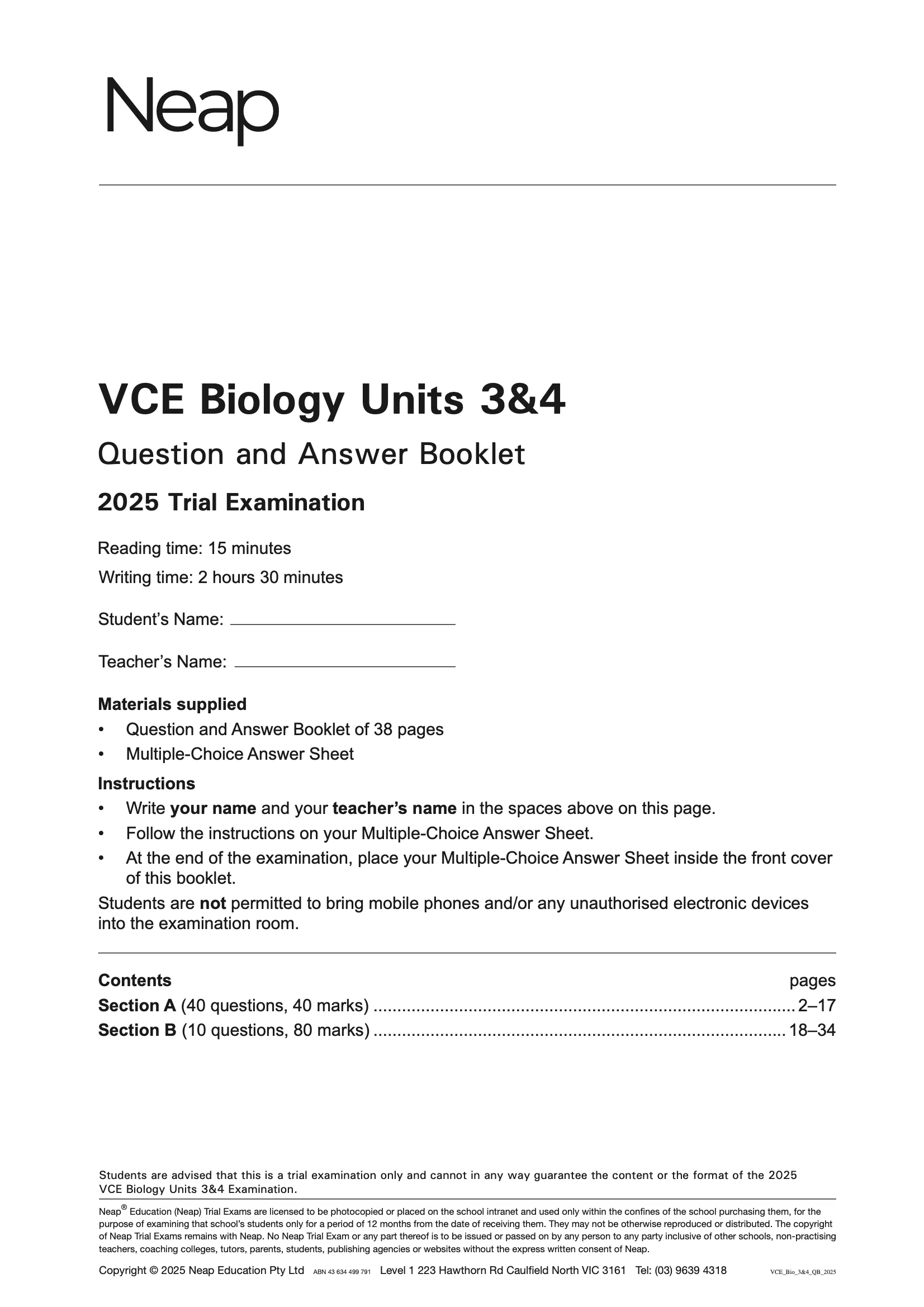 Neap Practice Exam Pack: VCE Biology Units 3&4 2026 Edition (3 Exams) - Image 2