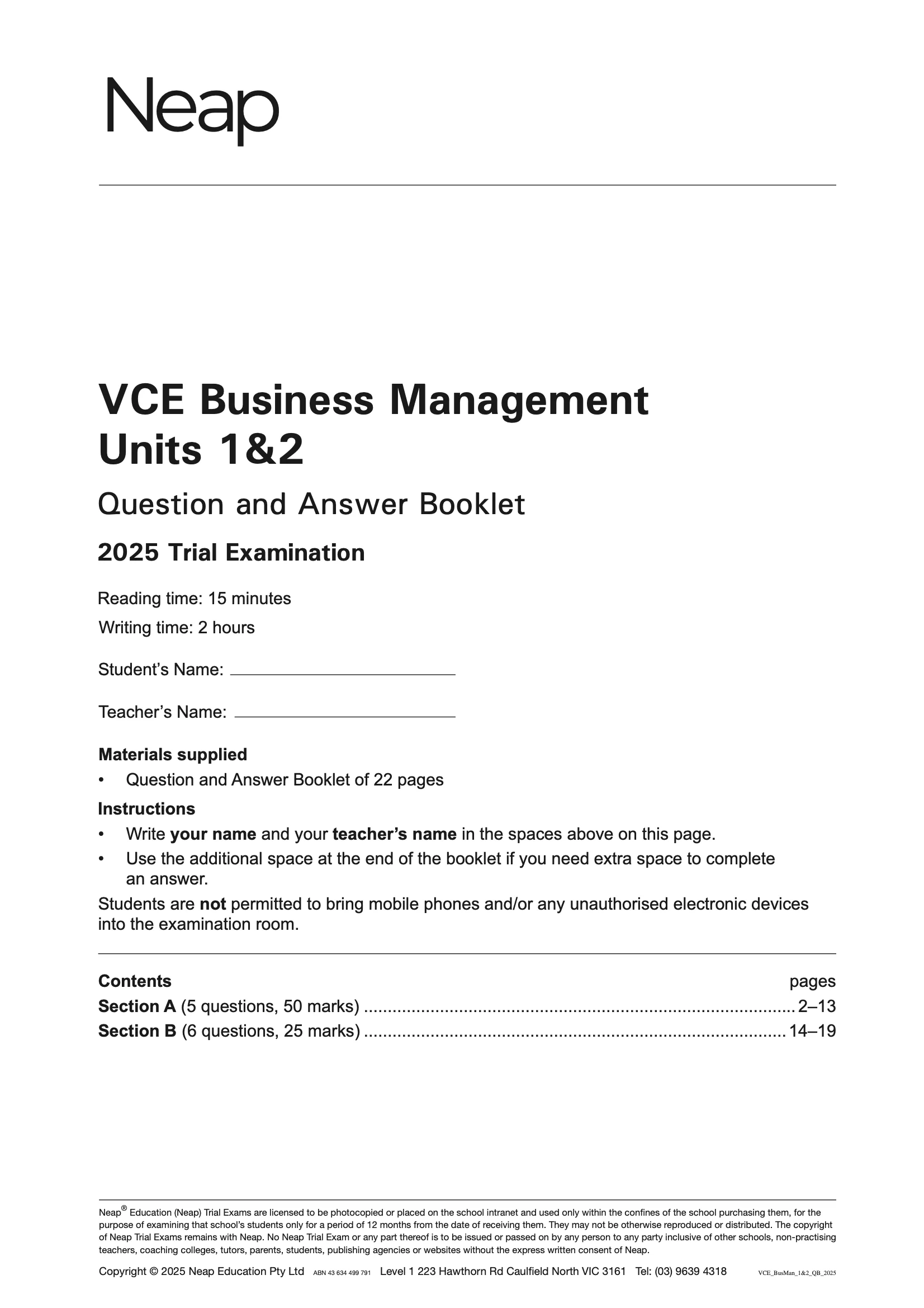 Neap Practice Exam Pack: VCE Business Management Units 1&2 2026 Edition (2 Exams) - Image 2
